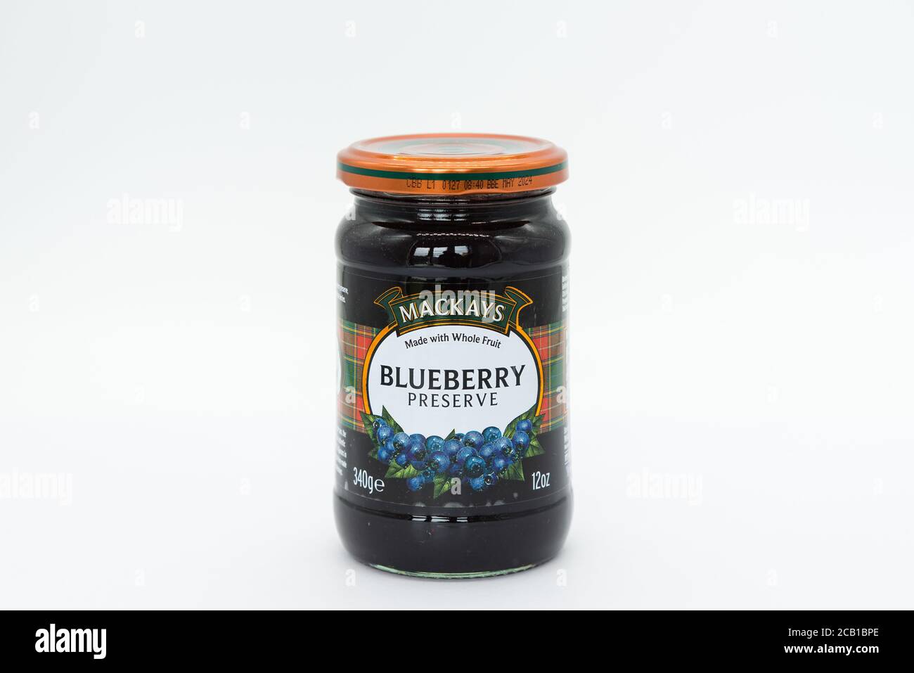 Irvine, Scotland, UK August 08, 2020 MACKAYS Branded jar of blueberry preserve, jam in