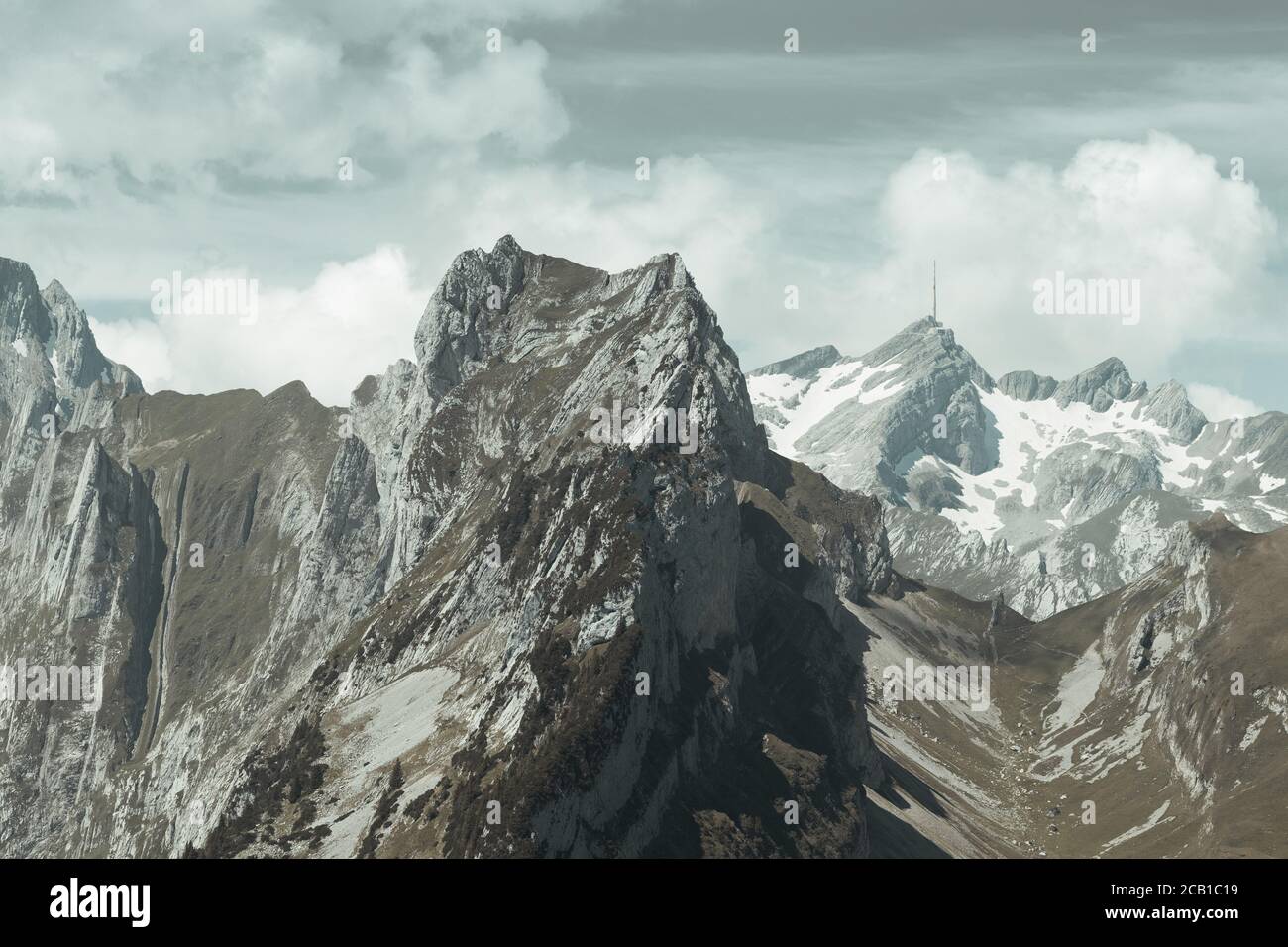 view to the alpstein massif and the saentis mountain Stock Photo