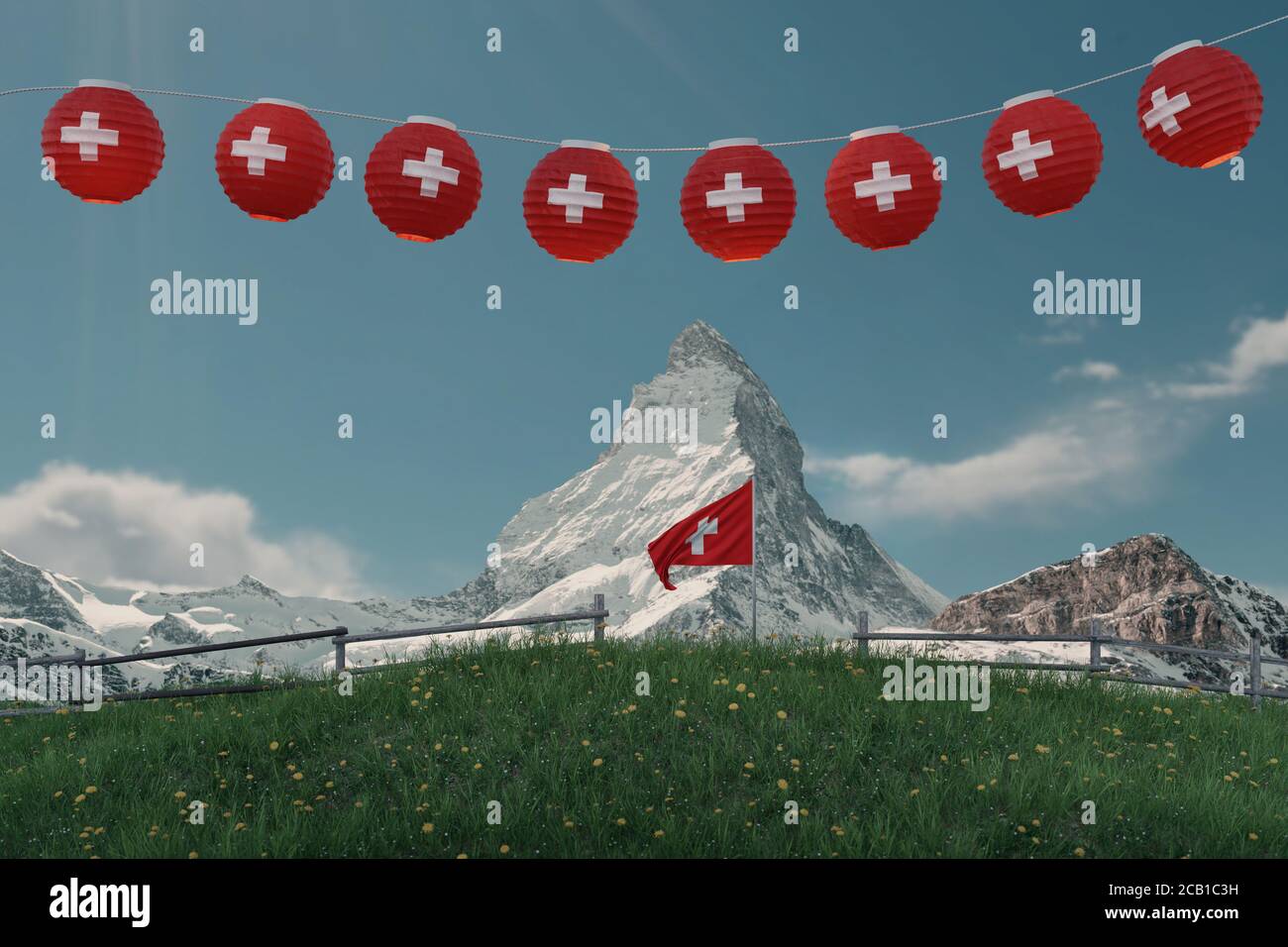 3d rendering of hanging lighten lampion covered with swiss flag over mountain pasture with view to the matterhorn and swiss flag Stock Photo