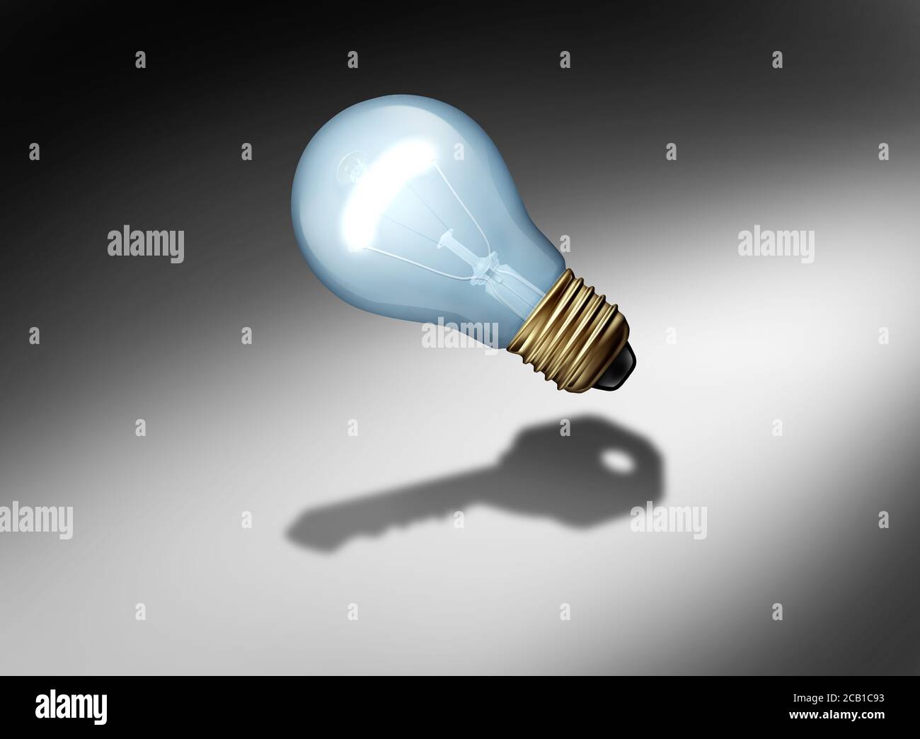 Key bulb power of ideas and creative ideas as a light bulb or lightbulb casting a shadow as a creativity metaphor or business concept for thinking. Stock Photo