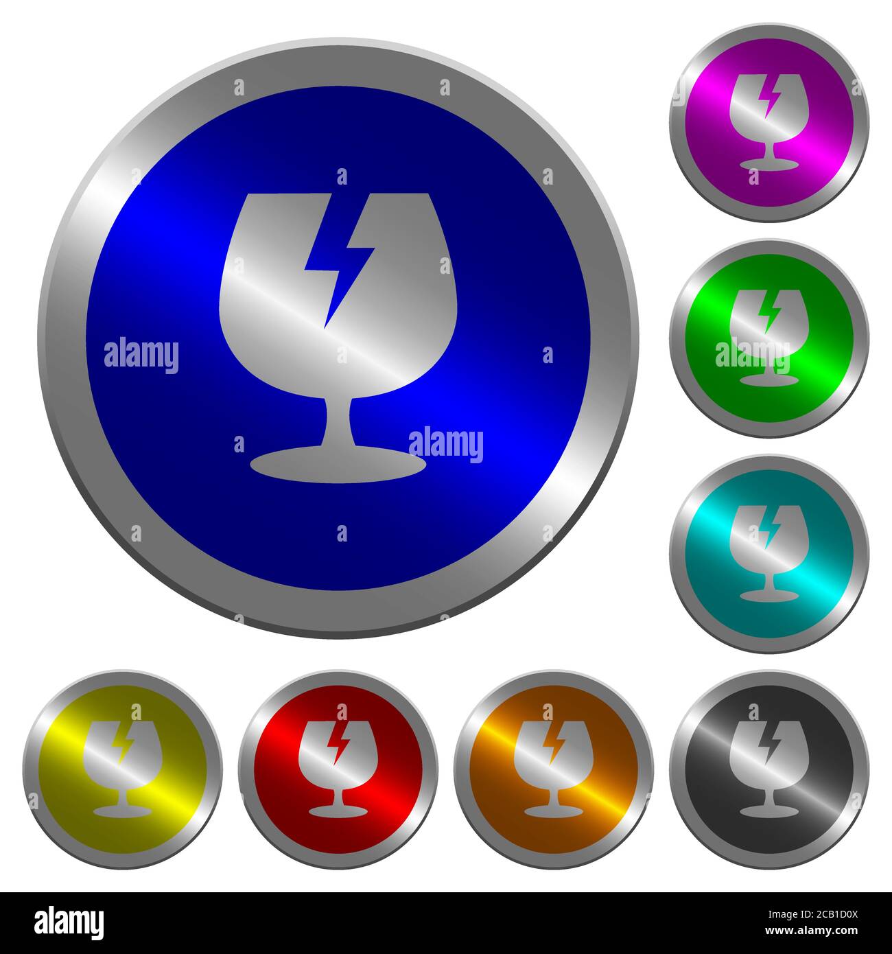 Fragile symbol icons on round luminous coin-like color steel buttons ...