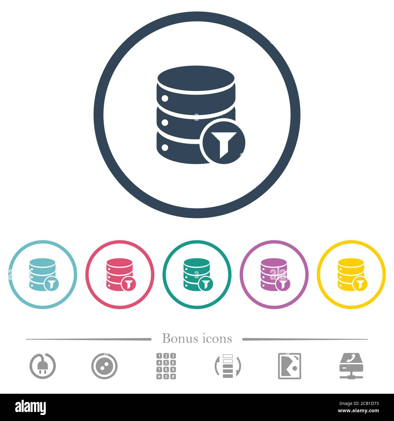 Database filter flat color icons in round outlines. 6 bonus icons ...