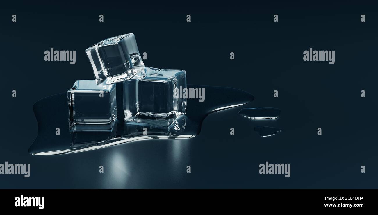3D illustration of close up ice cubes melting isolated on grey ...