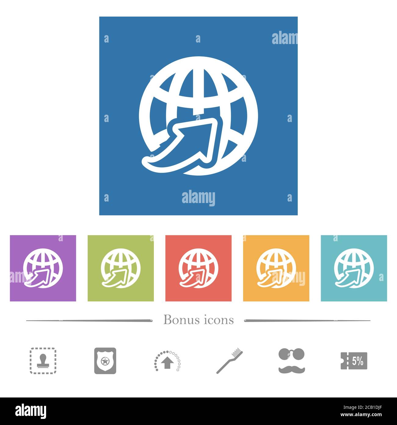 Worldwide flat white icons in square backgrounds. 6 bonus icons ...