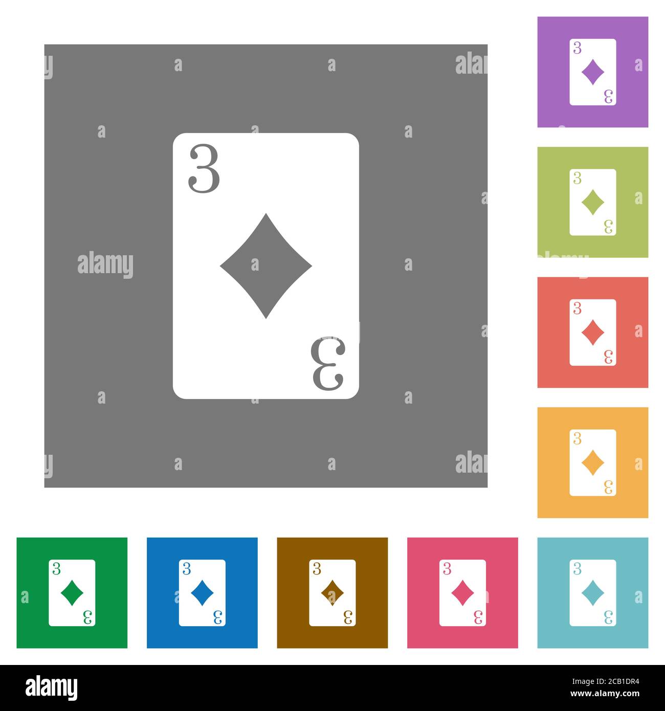 Three of diamonds card flat icons on simple color square backgrounds