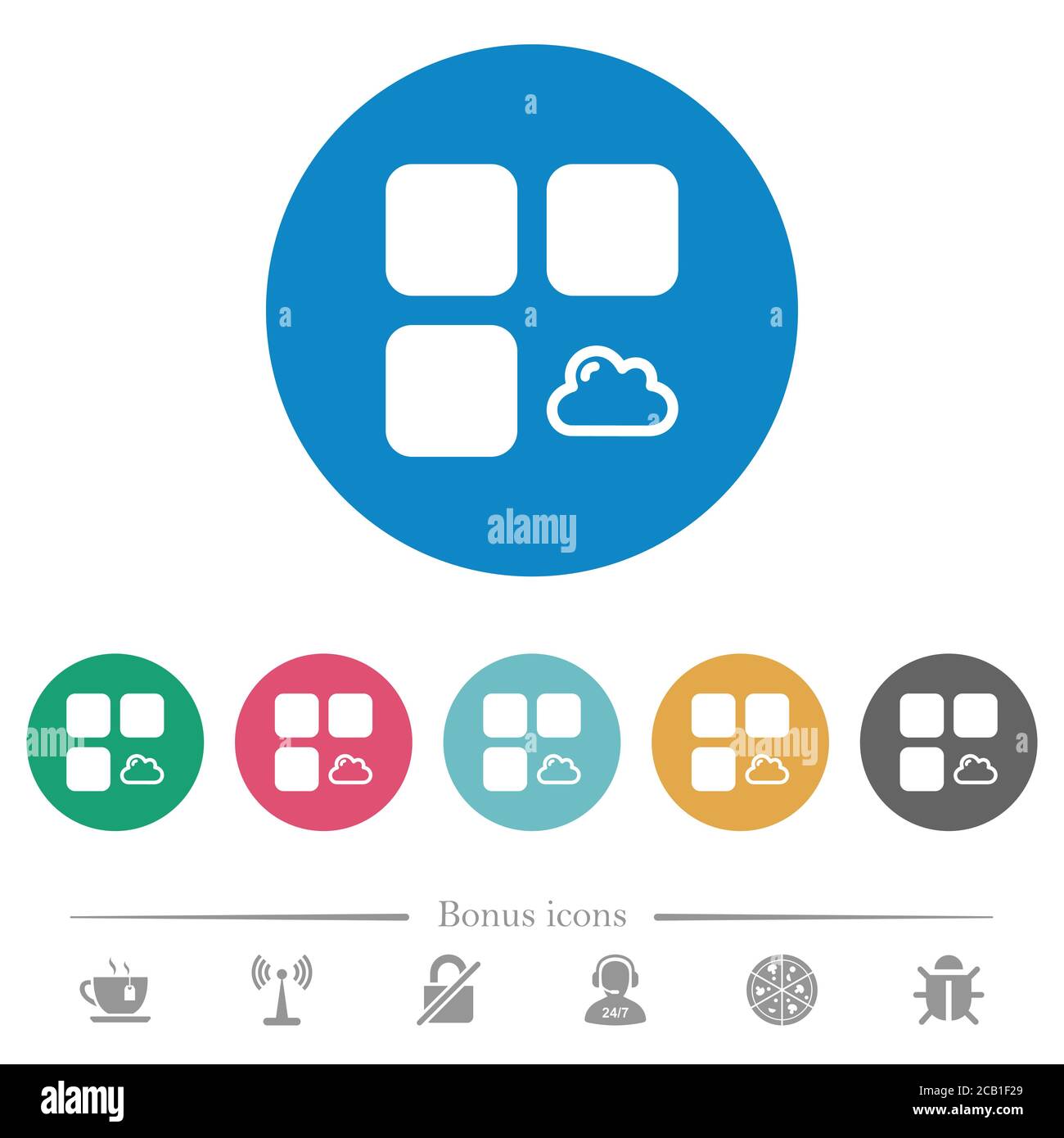 Cloud component flat white icons on round color backgrounds. 6 bonus ...