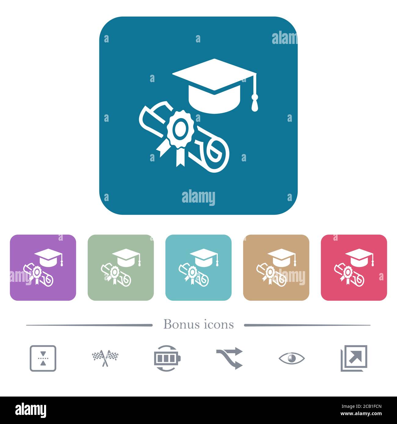 Graduation ceremony white flat icons on color rounded square ...