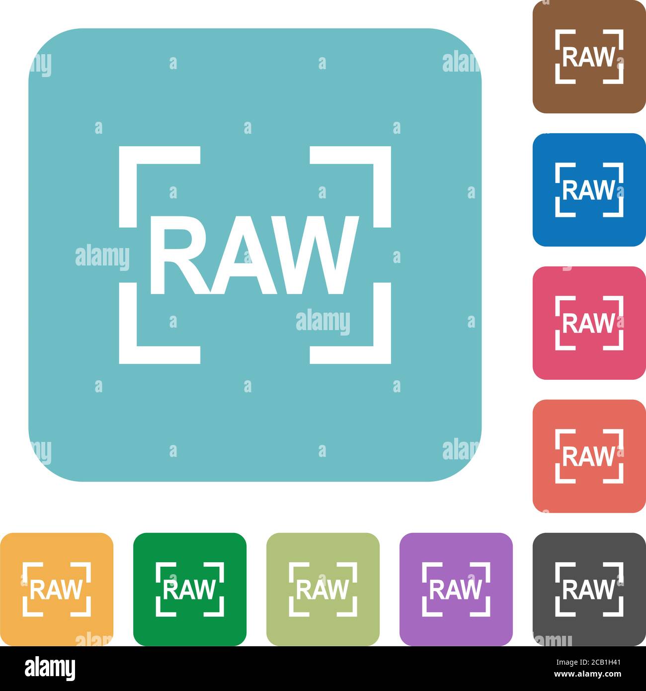 Camera raw image mode white flat icons on color rounded square backgrounds Stock Vector