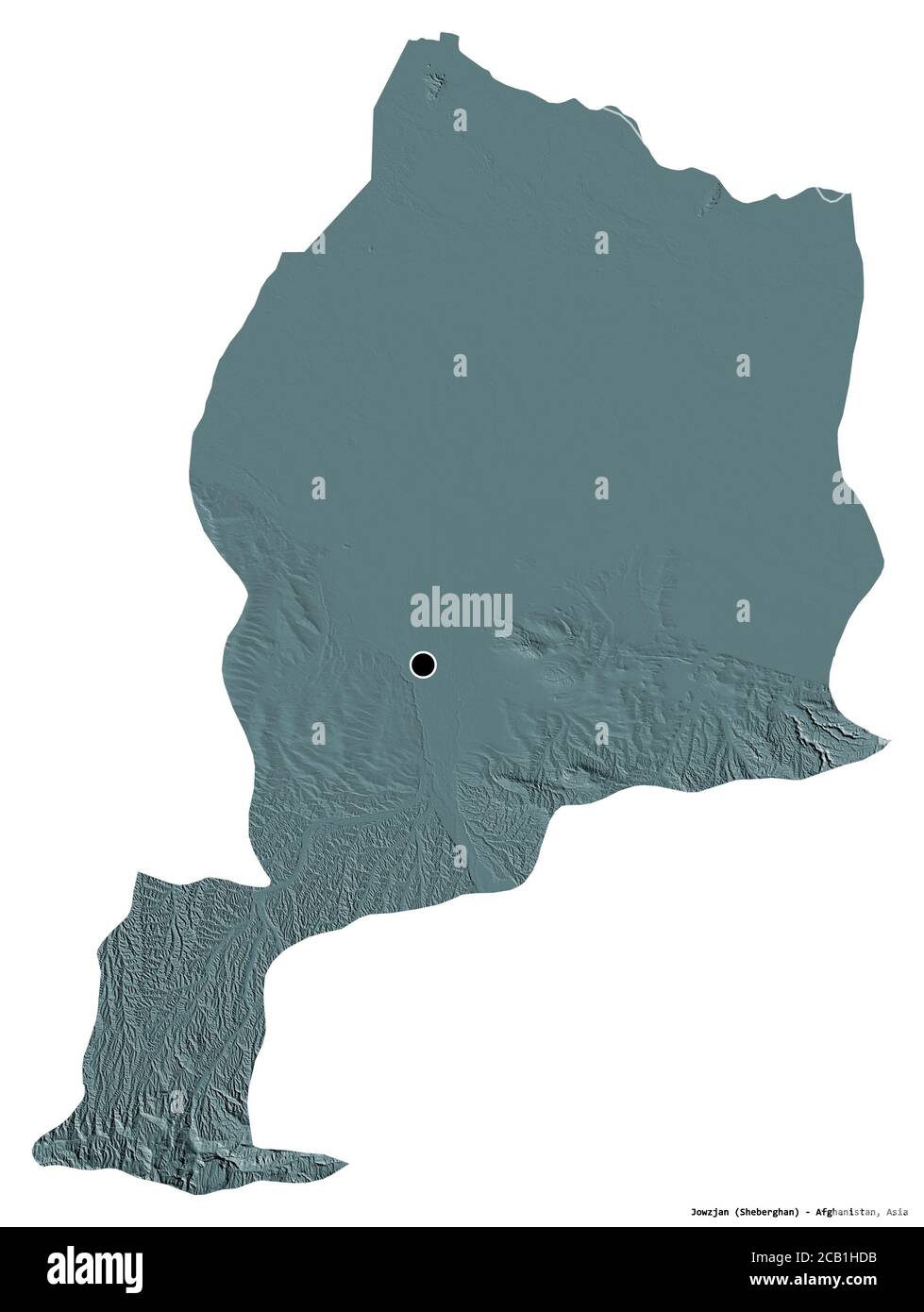 Shape of Jowzjan, province of Afghanistan, with its capital isolated on white background. Colored elevation map. 3D rendering Stock Photo
