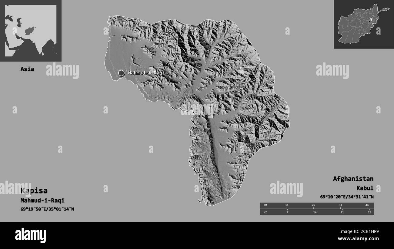 Shape of Kapisa, province of Afghanistan, and its capital. Distance scale, previews and labels. Bilevel elevation map. 3D rendering Stock Photo