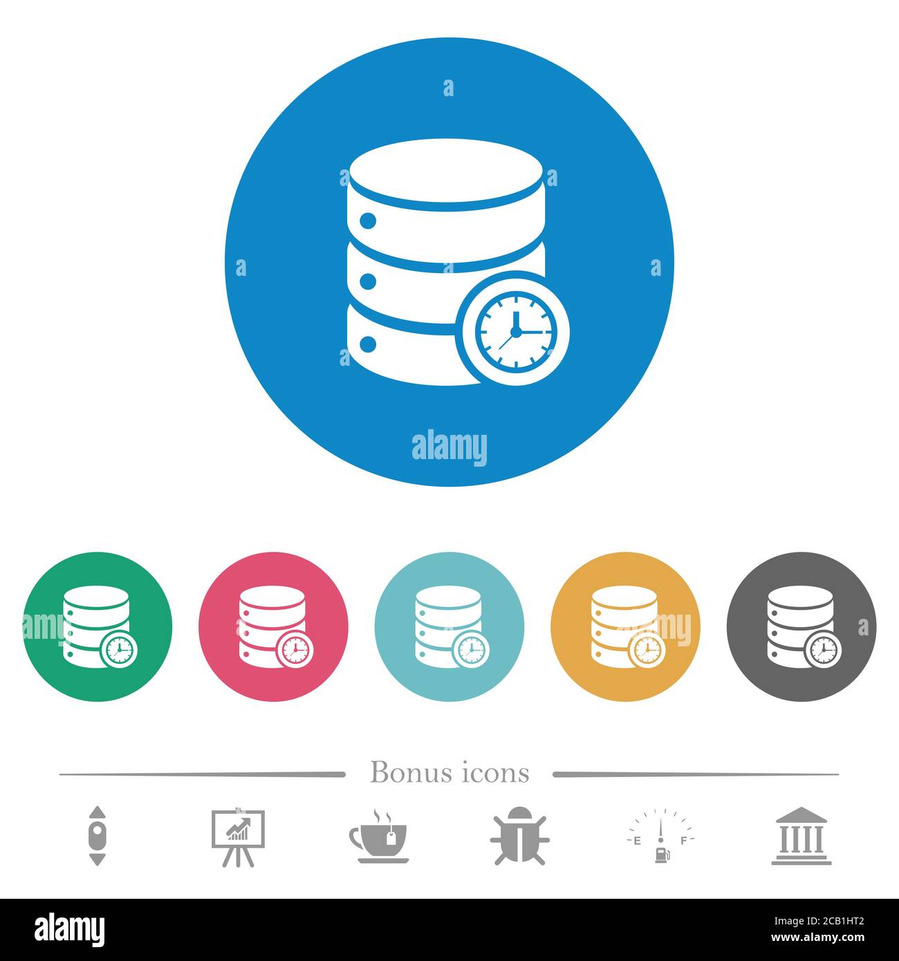 Database query time flat white icons on round color backgrounds. 6 ...