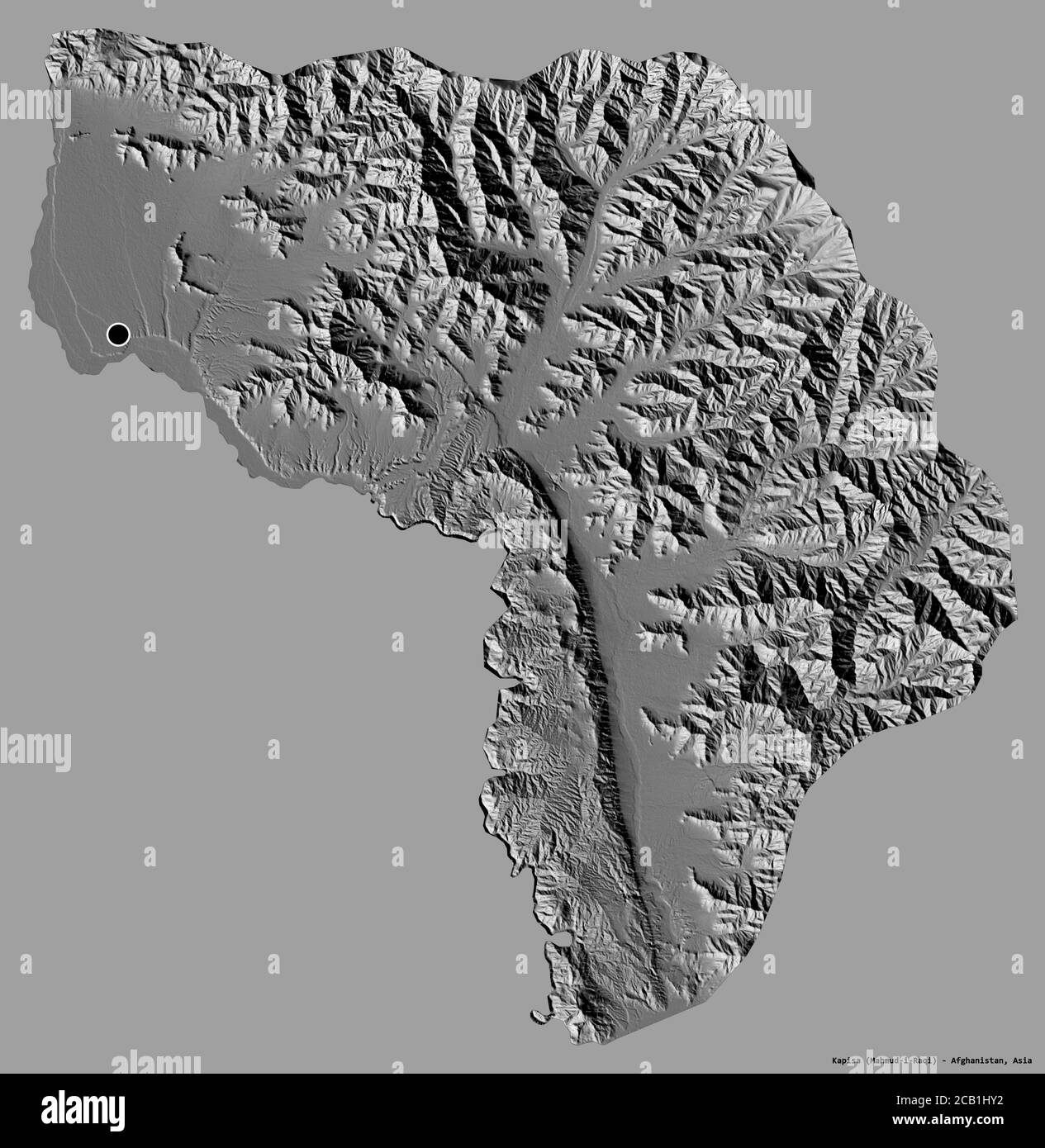 Shape of Kapisa, province of Afghanistan, with its capital isolated on a solid color background. Bilevel elevation map. 3D rendering Stock Photo