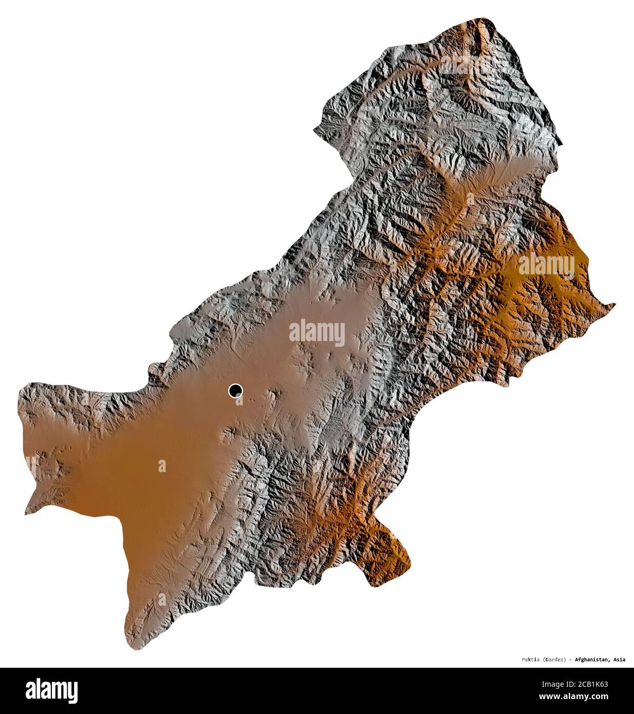 Shape of Paktia, province of Afghanistan, with its capital isolated on white background. Topographic relief map. 3D rendering Stock Photo