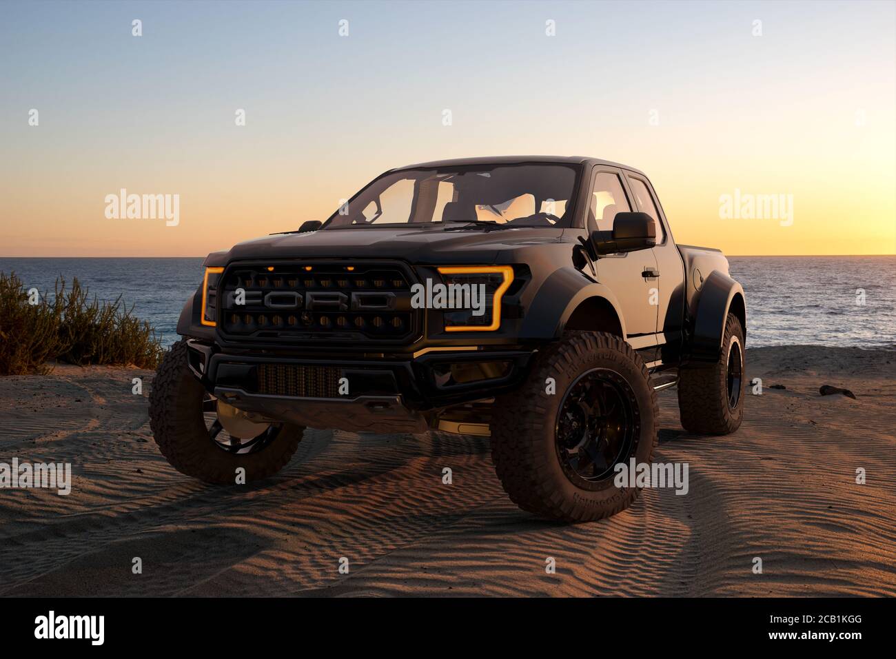 Ford F-150 Raptor - Most Extreme Production Truck On The Planet standing on a sand dune by the ocean Stock Photo
