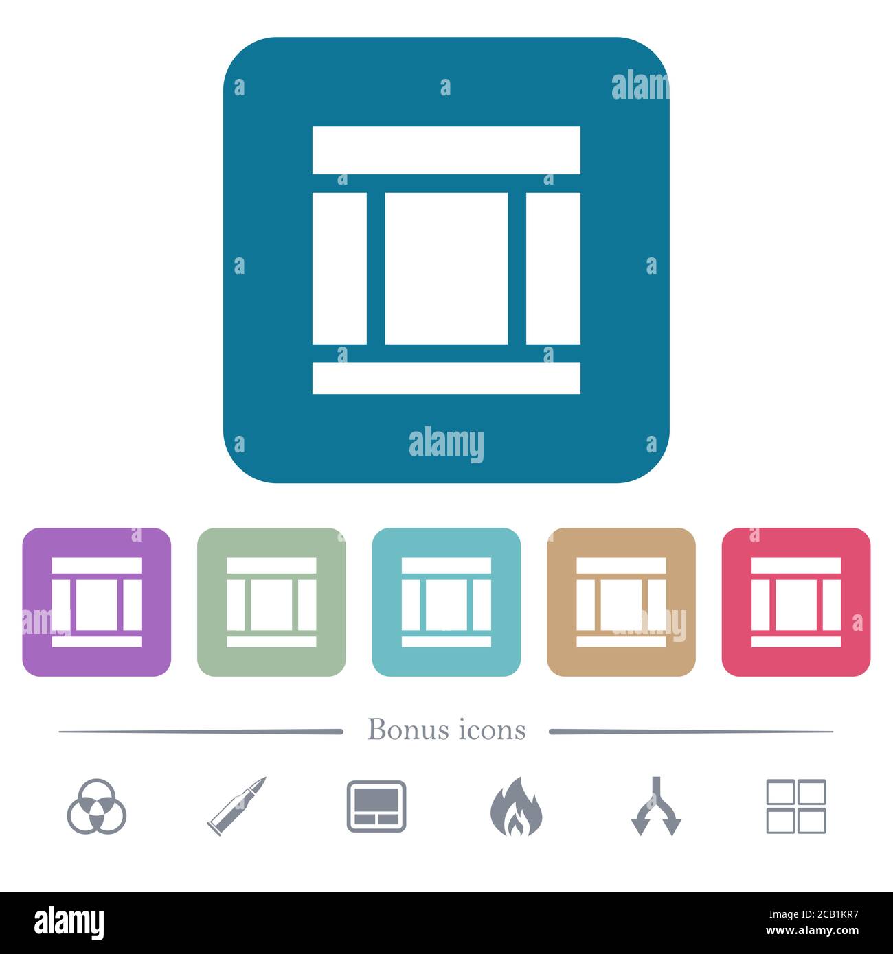 Three columned web layout white flat icons on color rounded square ...