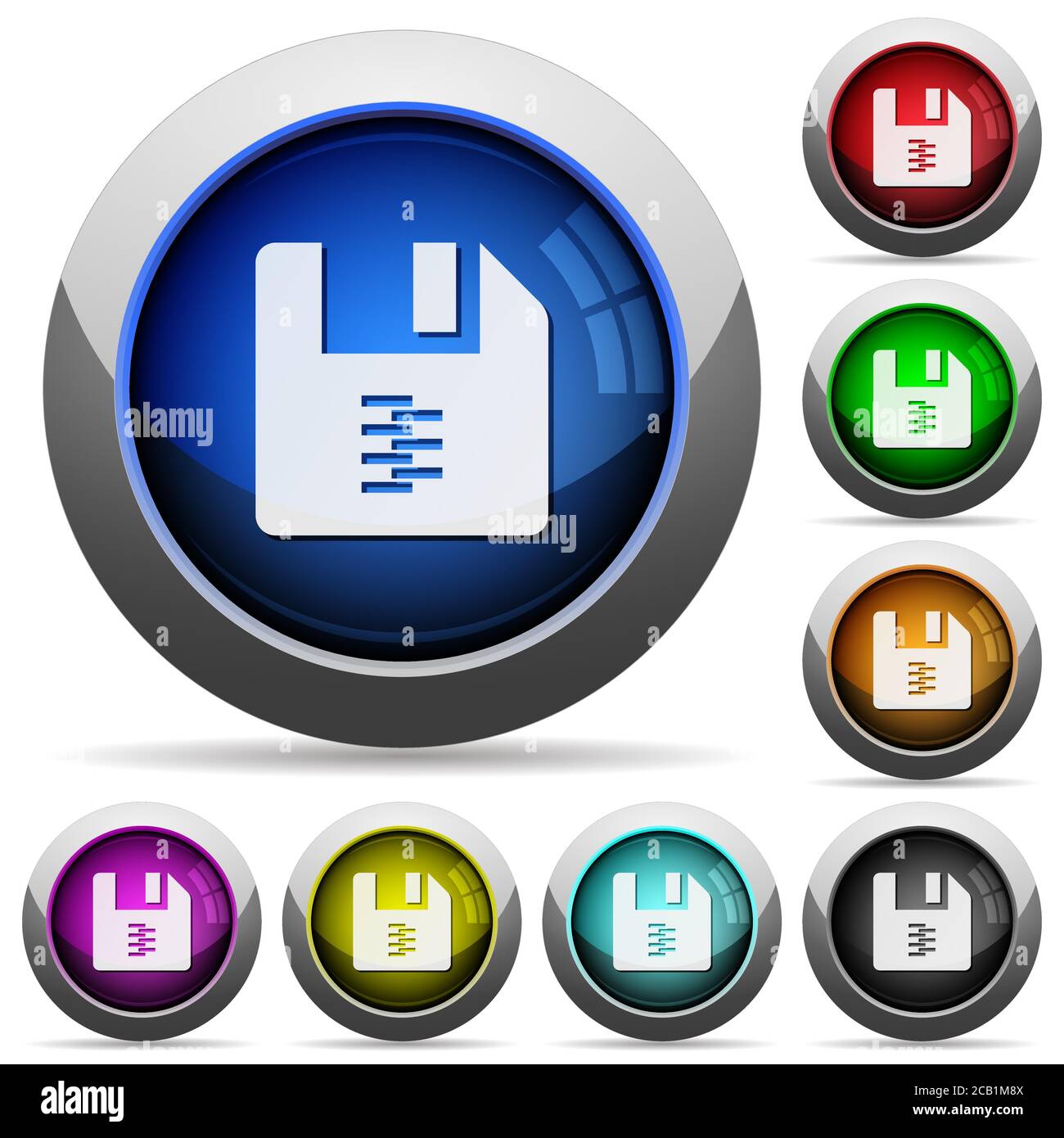 zip archive file icons in round glossy buttons with steel frames Stock ...