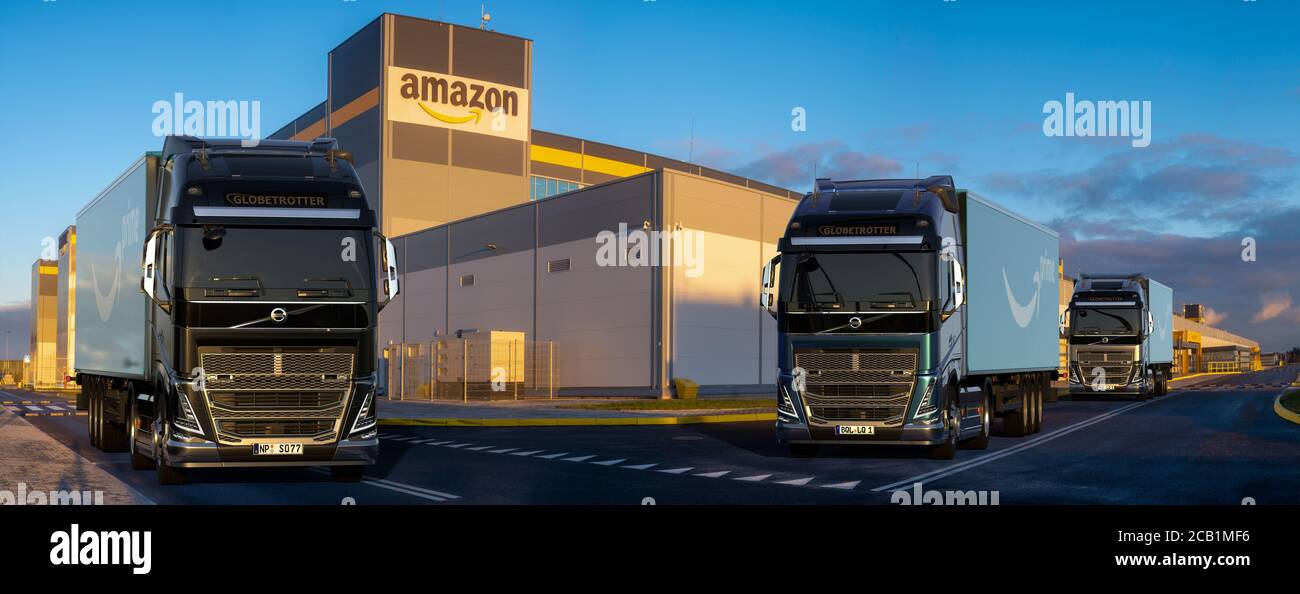 Volvo trucks with trailers with the Amazon logo standing in front of the  Amazon logistics center Stock Photo - Alamy