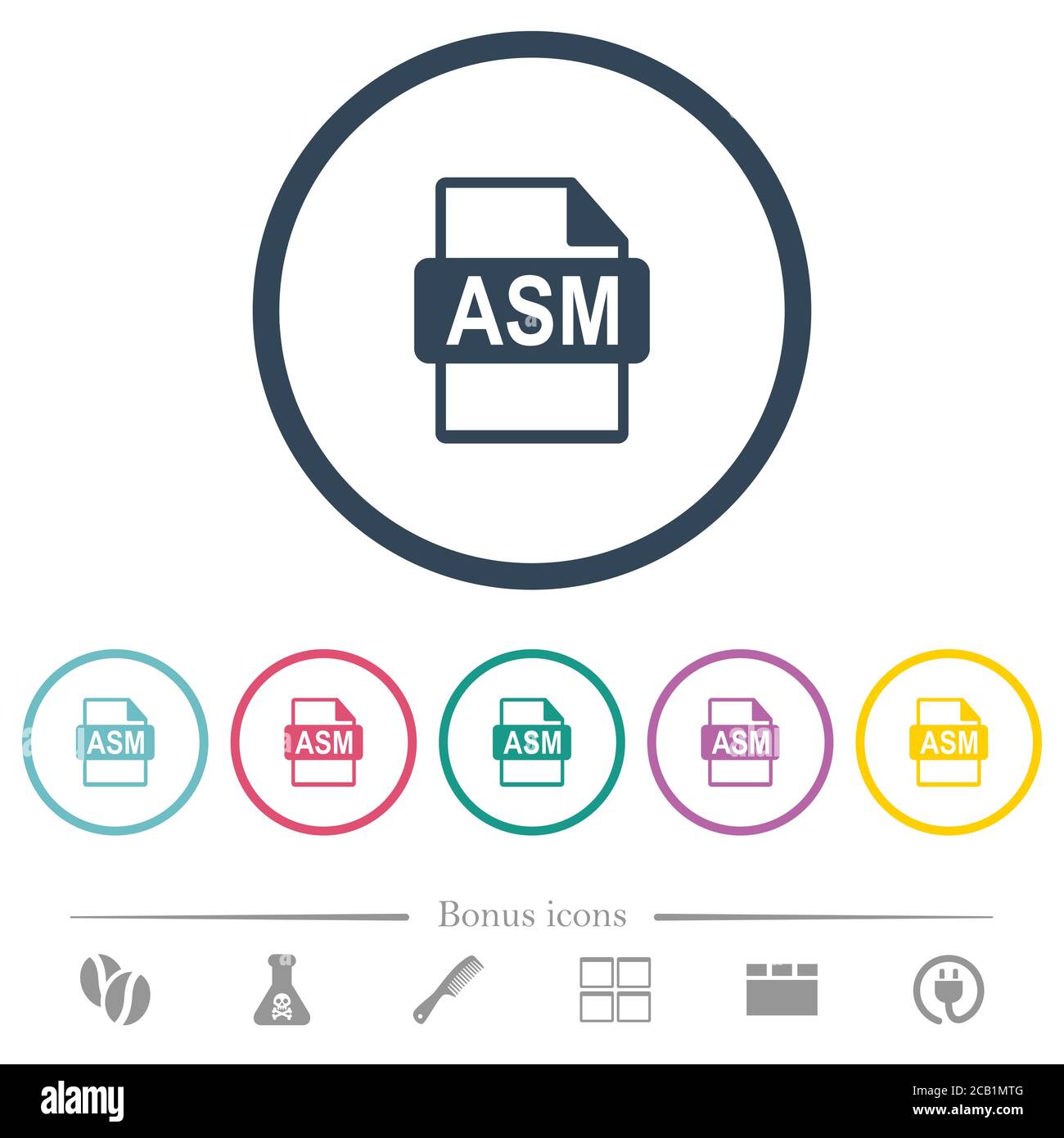 ASM file format flat color icons in round outlines. 6 bonus icons ...