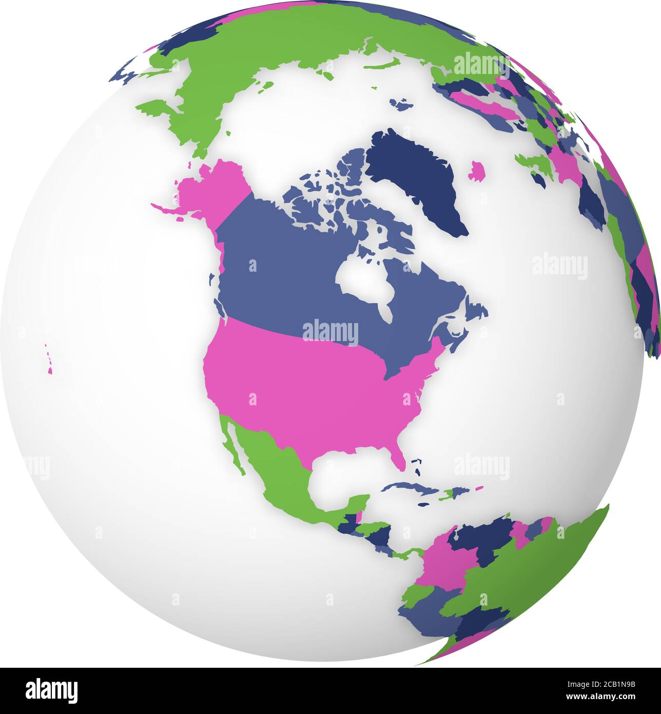 Blank political map of North America. Earth globe with colored map