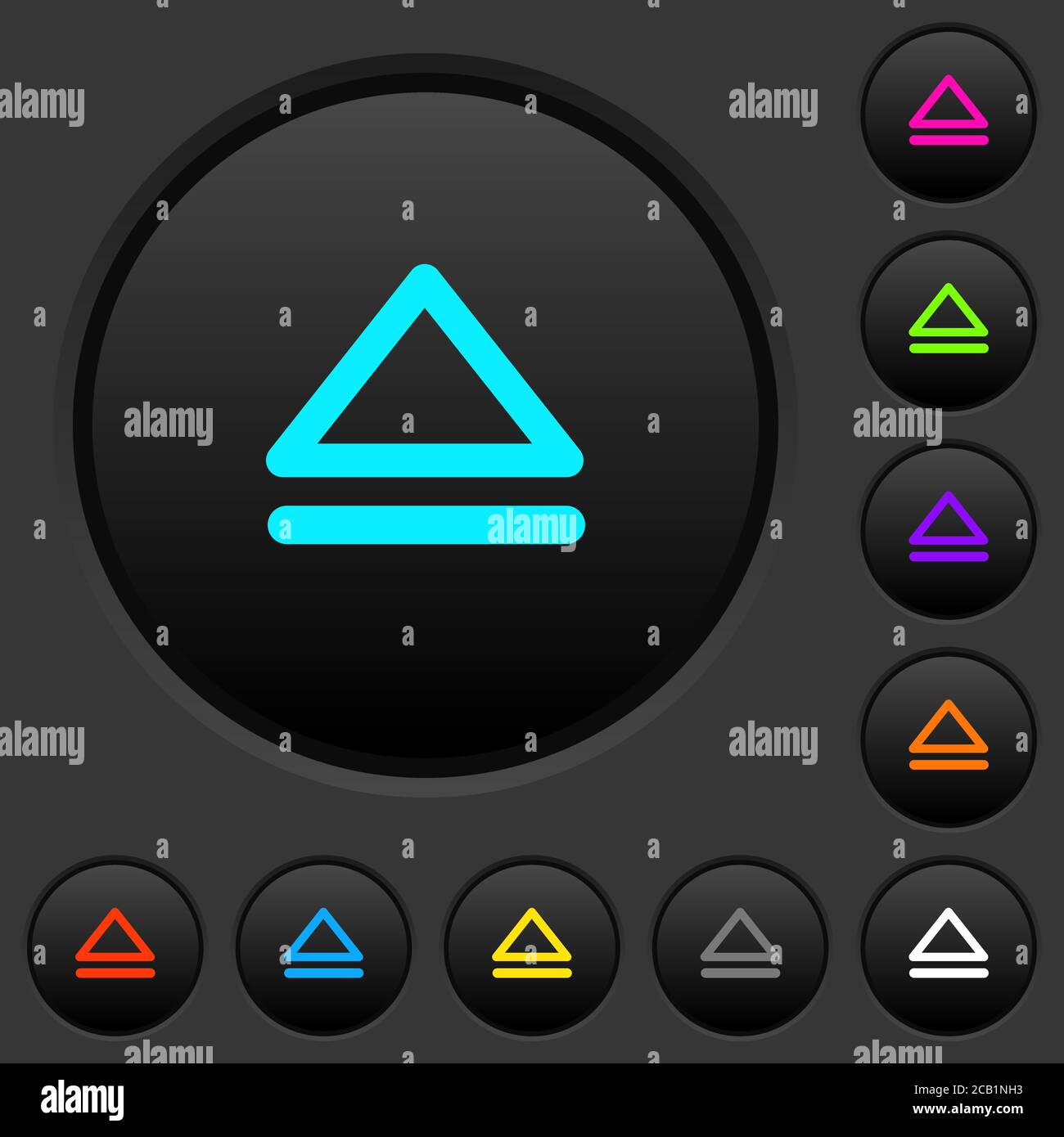 Media eject dark push buttons with vivid color icons on dark grey ...