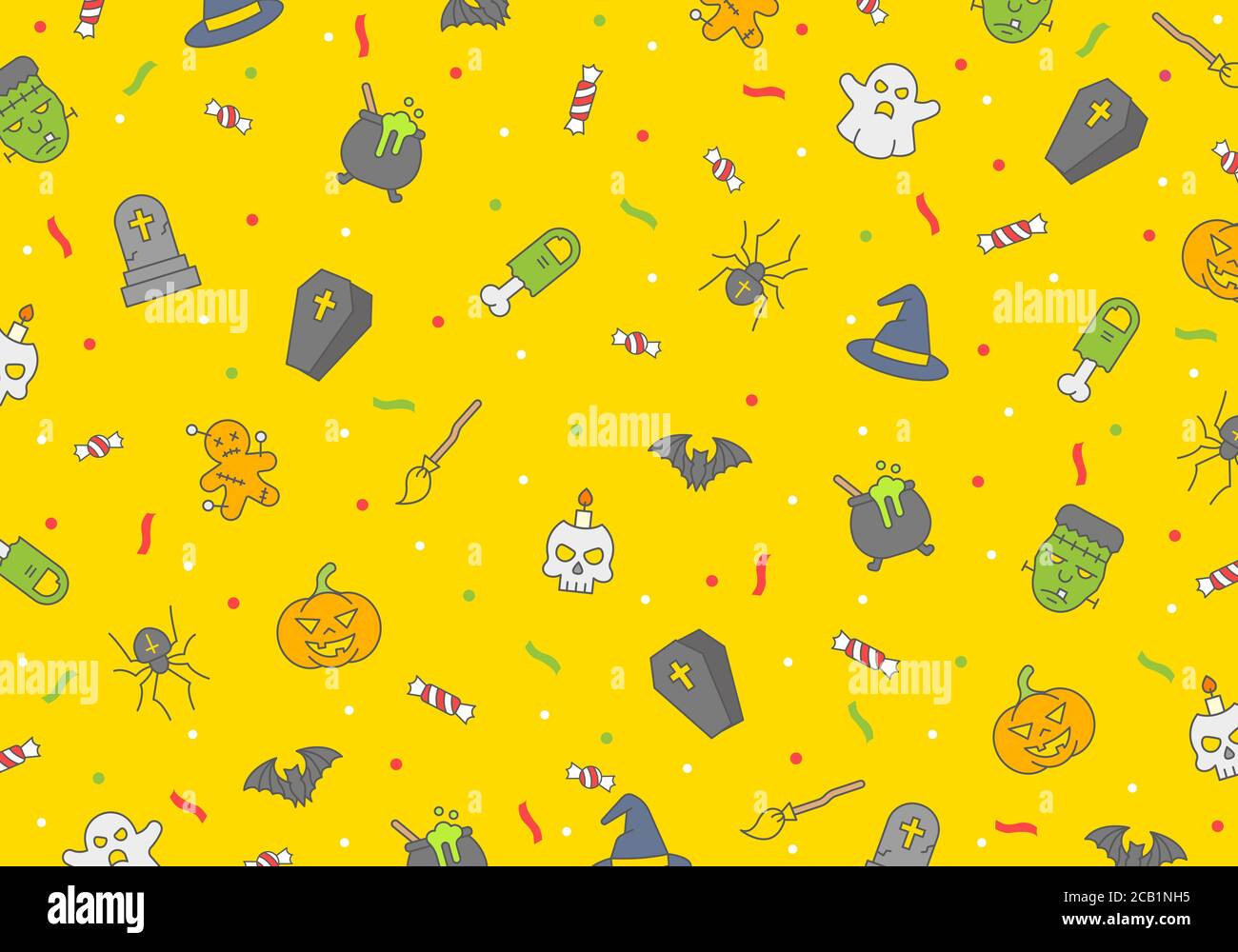 Halloween seamless vector pattern, horror elements, halloween poster with ghosts, bats, pumpkin, skulls and zombies on yellow background. Stock Vector