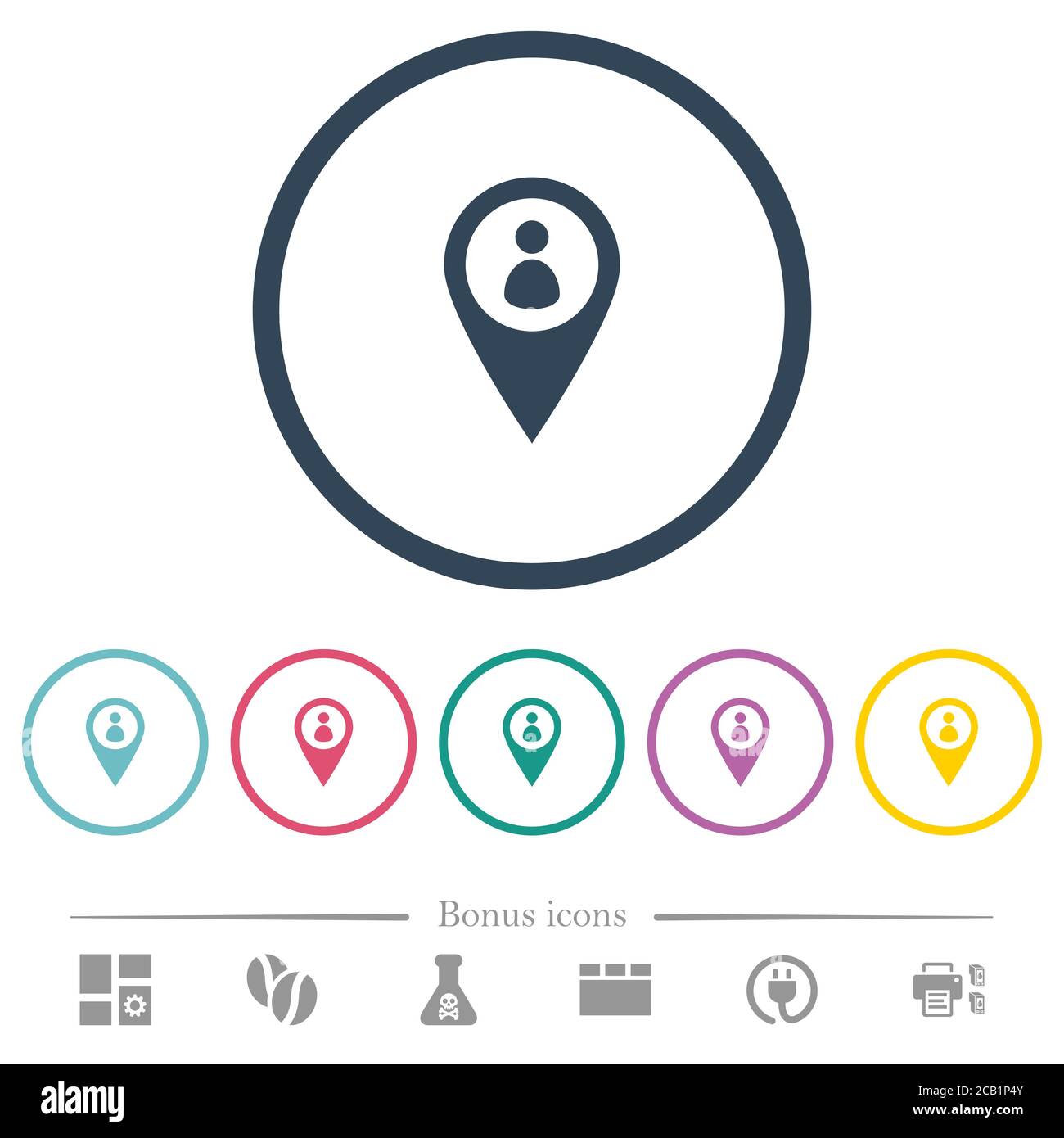 Member GPS map location flat color icons in round outlines. 6 bonus ...