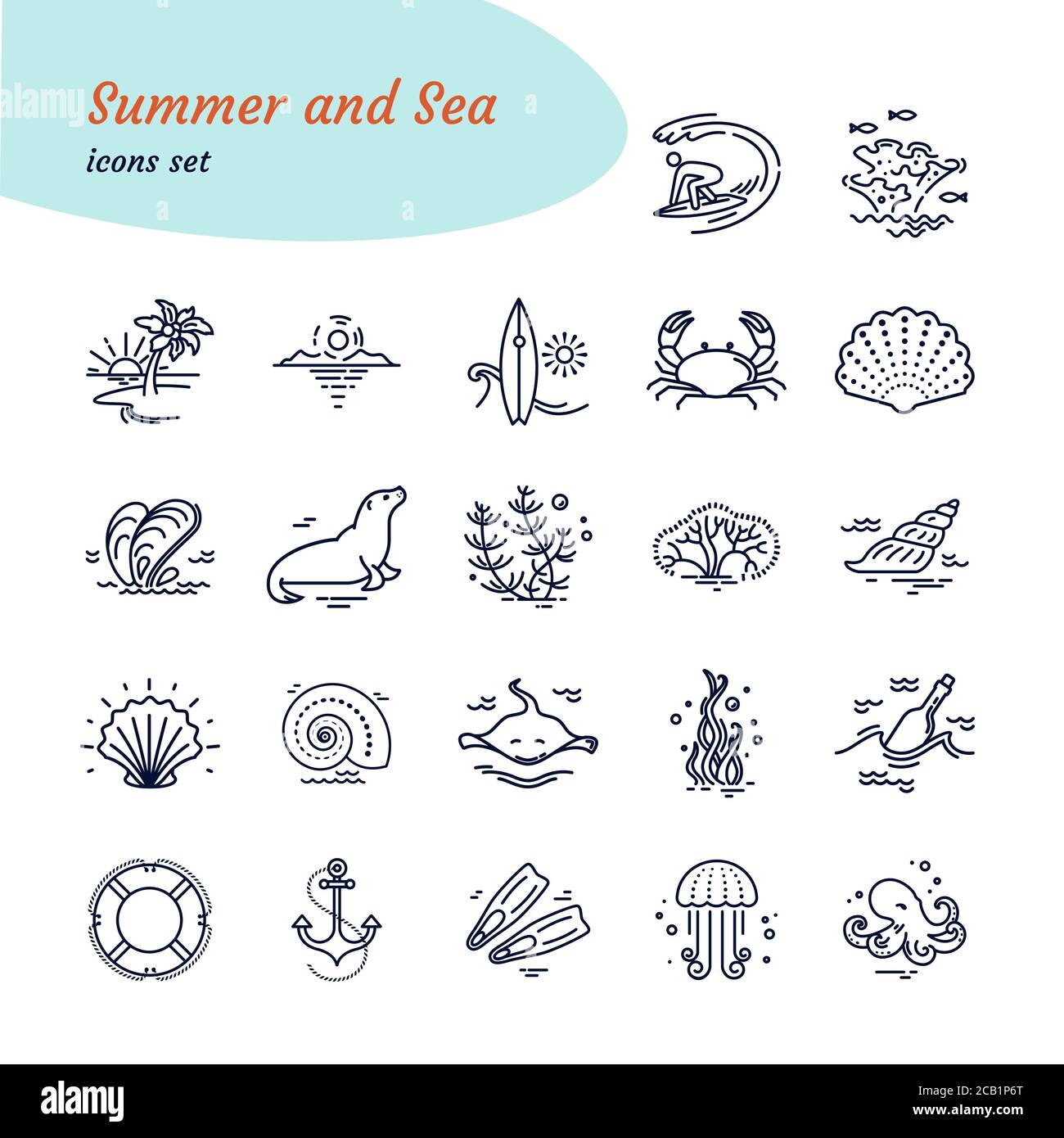 Set sea icons. Modern vector illustration of undersea life. Marine symbols. Nautical design elements isolated on background. Stock Vector