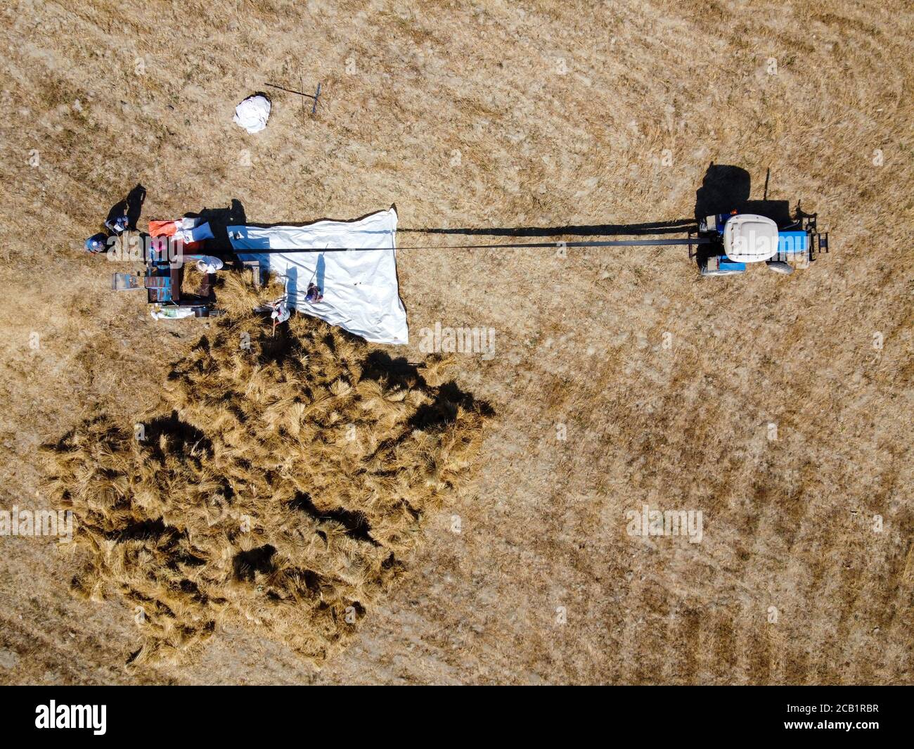 Aerial view of farmers harvesting wheat. Wheat harvest in the summer. Turkish known as 'harman yeri' Stock Photo