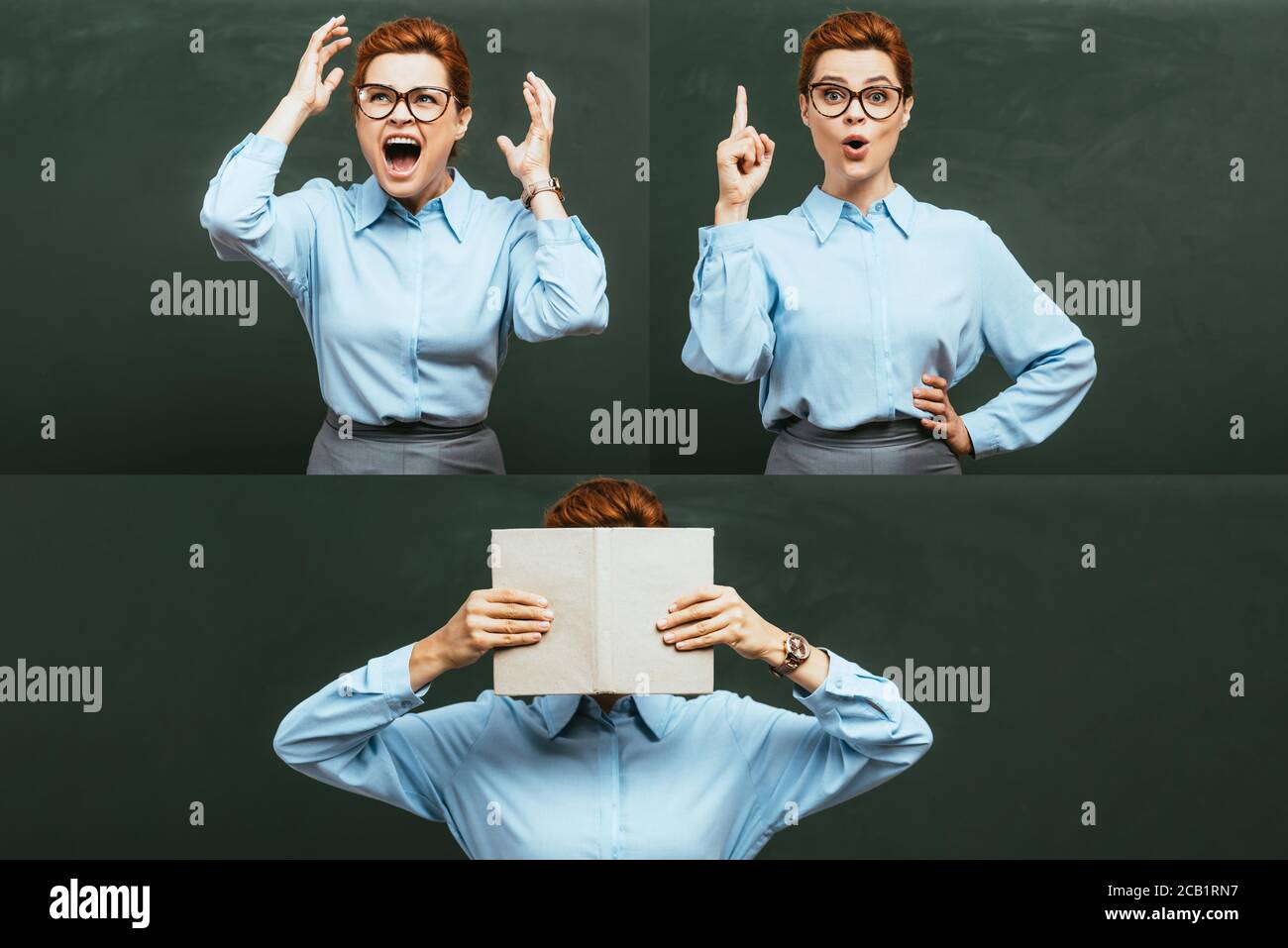 collage of emotional teacher screaming, showing idea gesture, obscuring ...