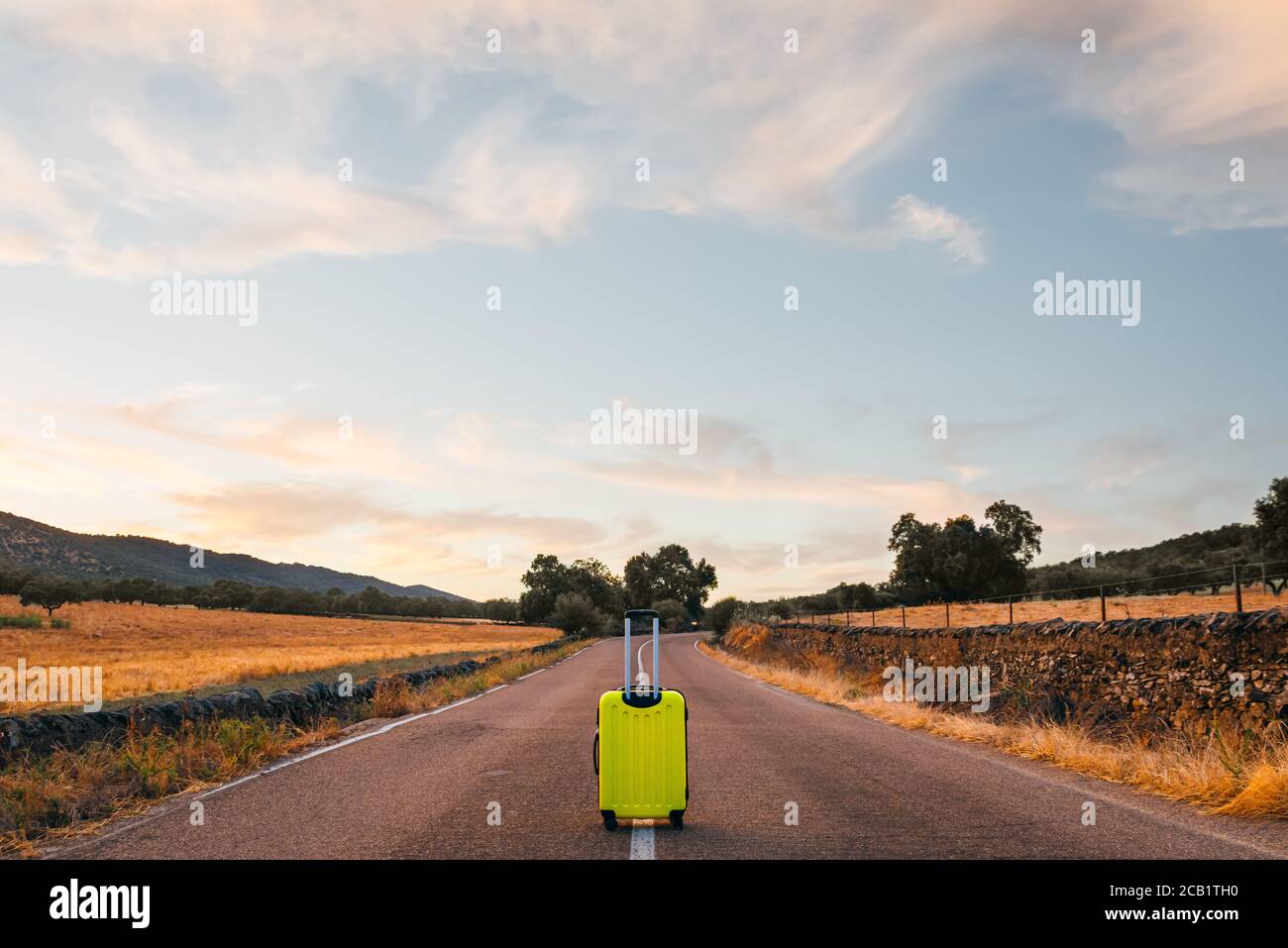yellow suitcase on a road in the field Stock Photo