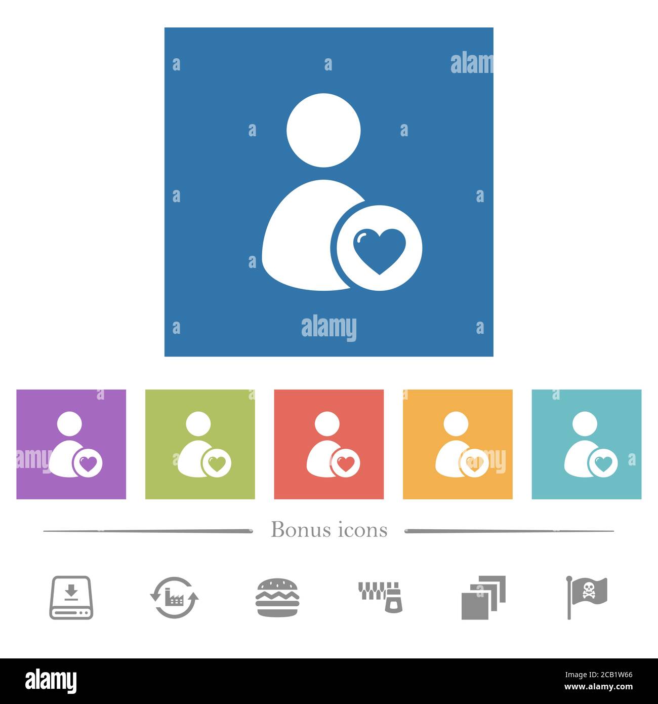 Favorite user flat white icons in square backgrounds. 6 bonus icons ...