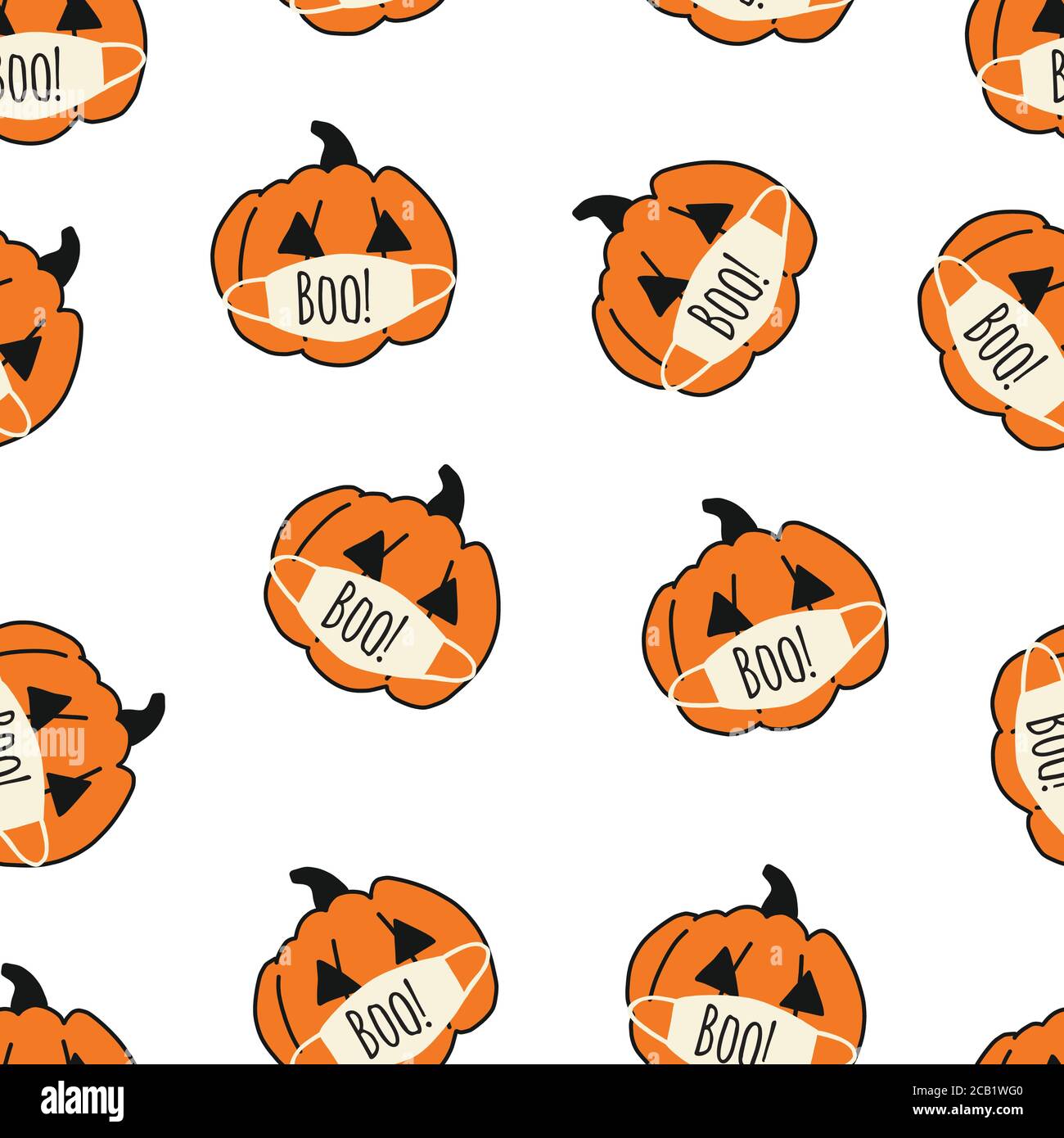 Corona Halloween Pumpkin Seamless Vector Pattern. Pumpkins wearing face masks. Covid 19 virus Halloween background. For Halloween 2020 decoration Stock Vector