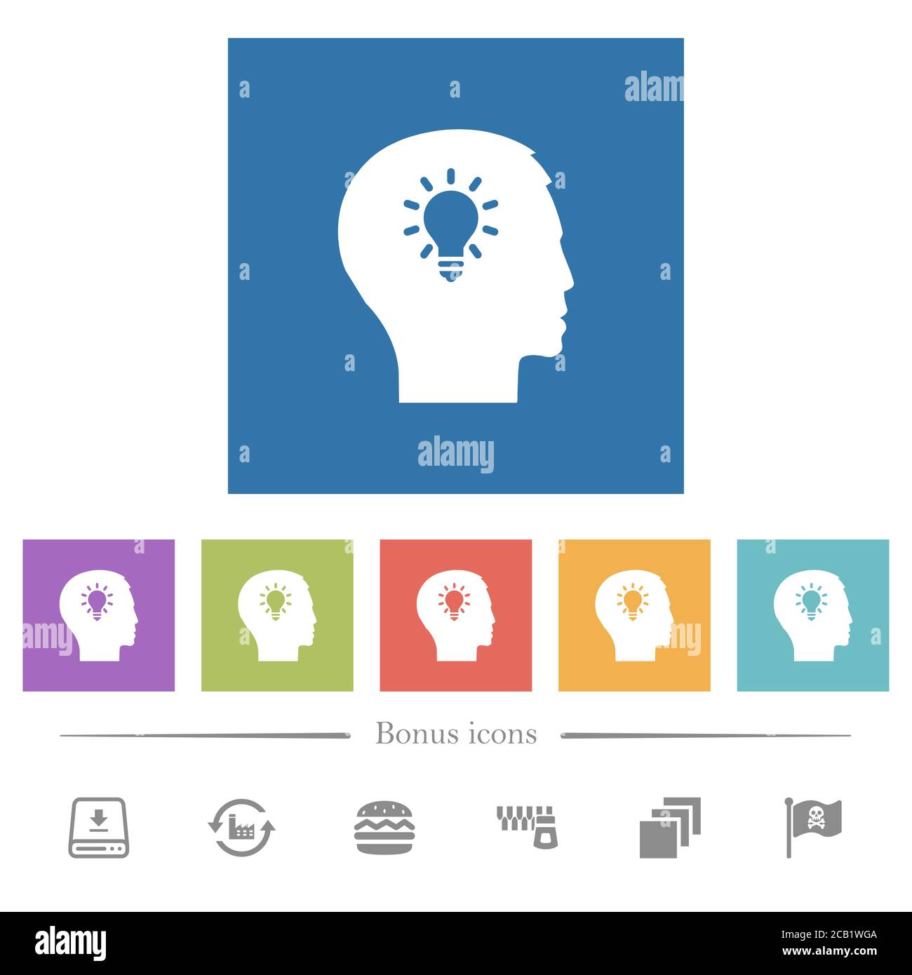 Idea flat white icons in square backgrounds. 6 bonus icons included ...
