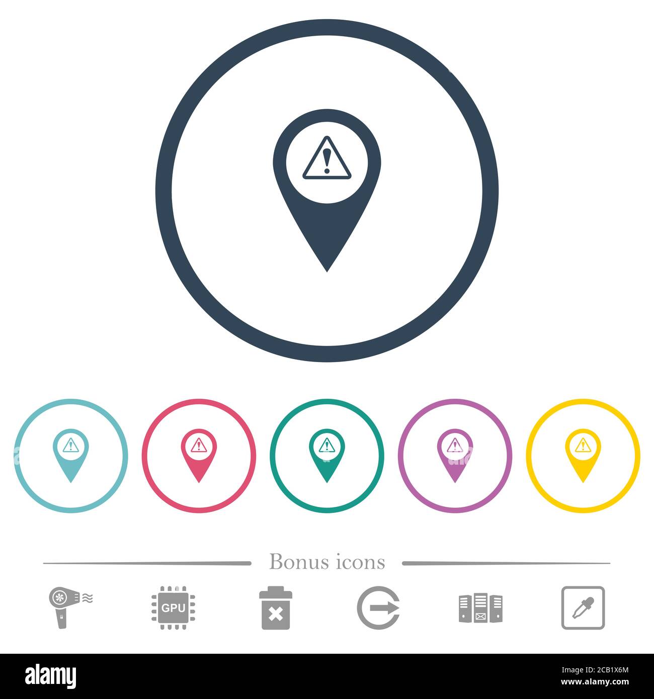 GPS map location warning flat color icons in round outlines. 6 bonus ...