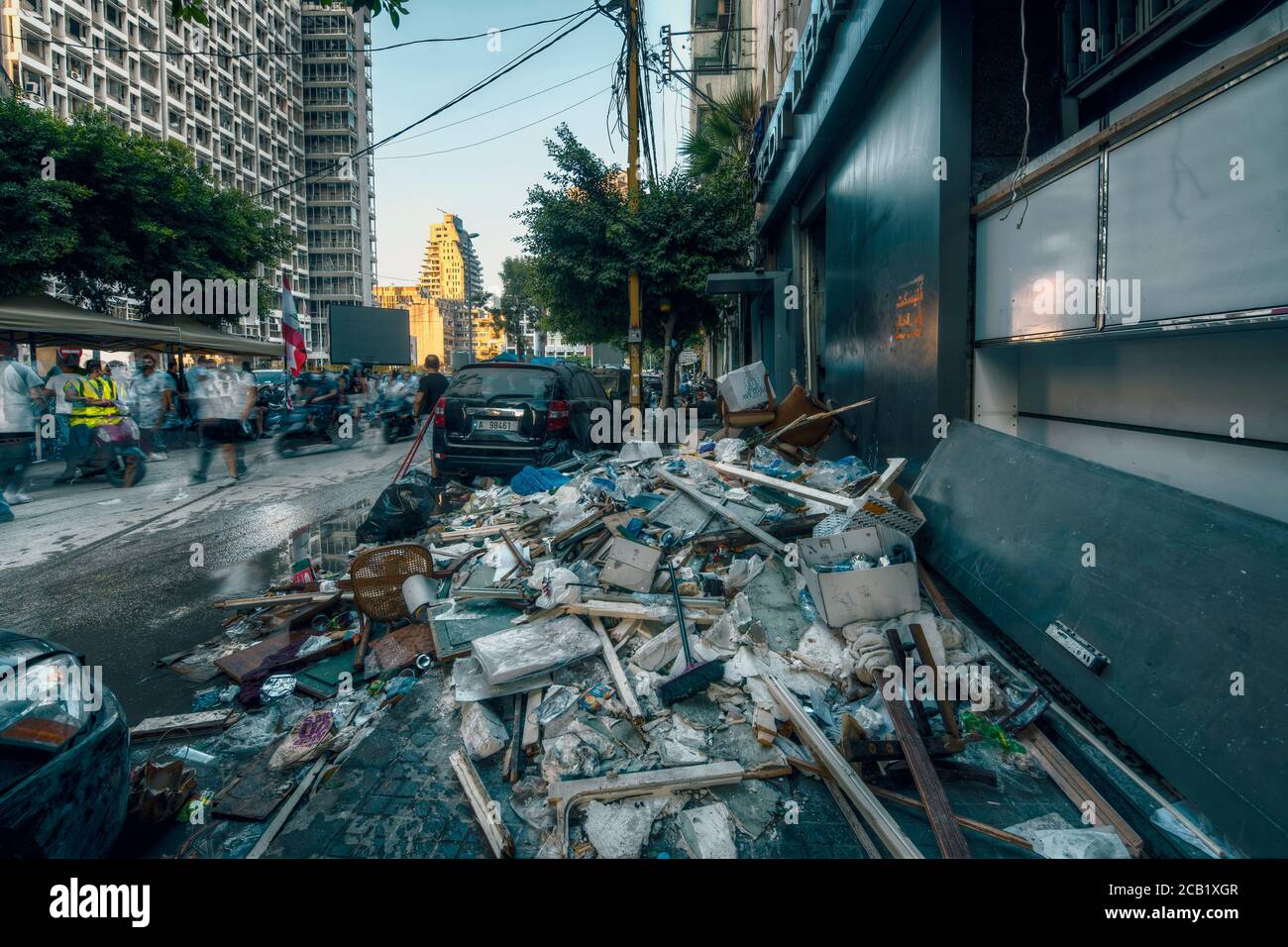 Beirut, Lebanon - August 05 2020: View of destroyed buildings and damage after a fire at a warehouse with explosives at the Port of Beirut led to mass Stock Photo