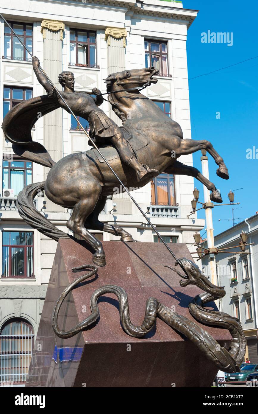 Lviv, Ukraine Saint and the Dragon statue. a famous tourist