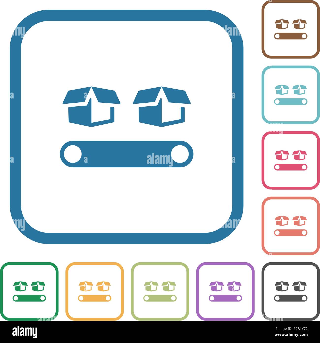 Conveyor with boxes simple icons in color rounded square frames on ...