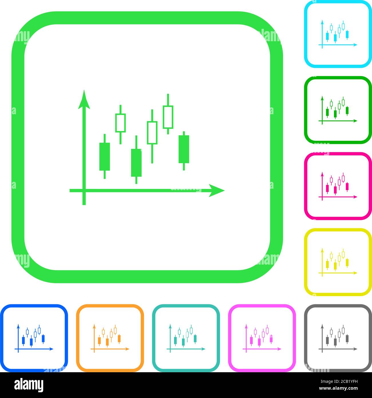 Candlestick graph with axes vivid colored flat icons in curved borders ...
