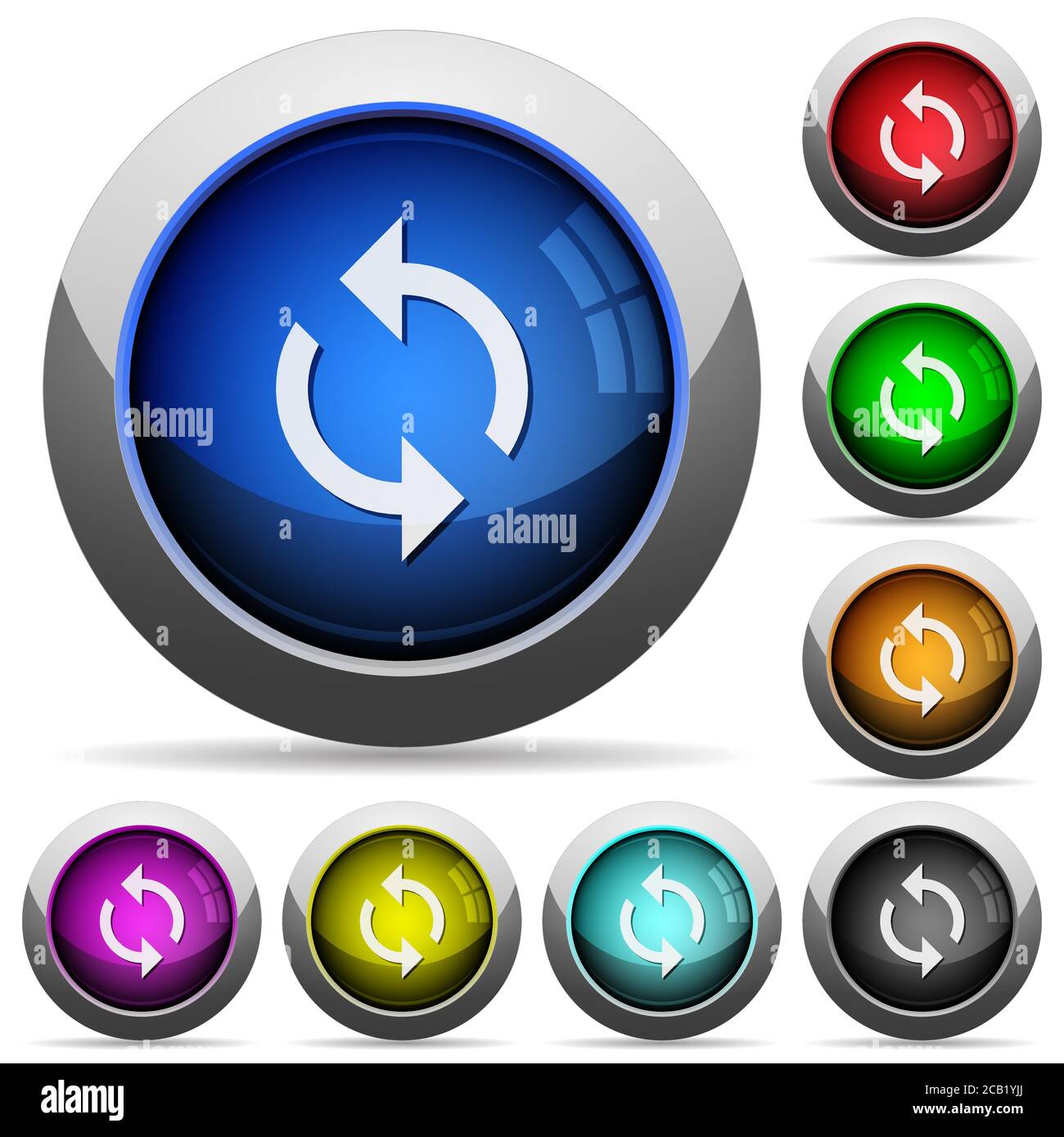 Programming loop icons in round glossy buttons with steel frames Stock ...