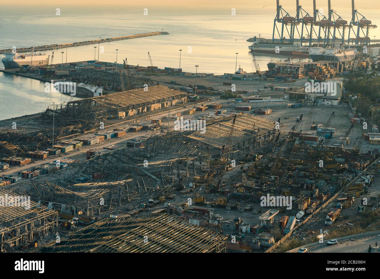 Beirut, Lebanon - August 05 2020: view of Beirut Port completely destroyed as the inspection of the scene continue after a fire at a warehouse with ex Stock Photo