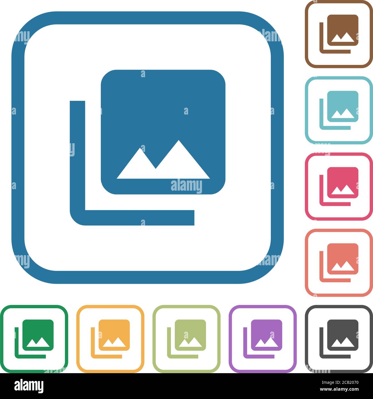 Photo library simple icons in color rounded square frames on white ...