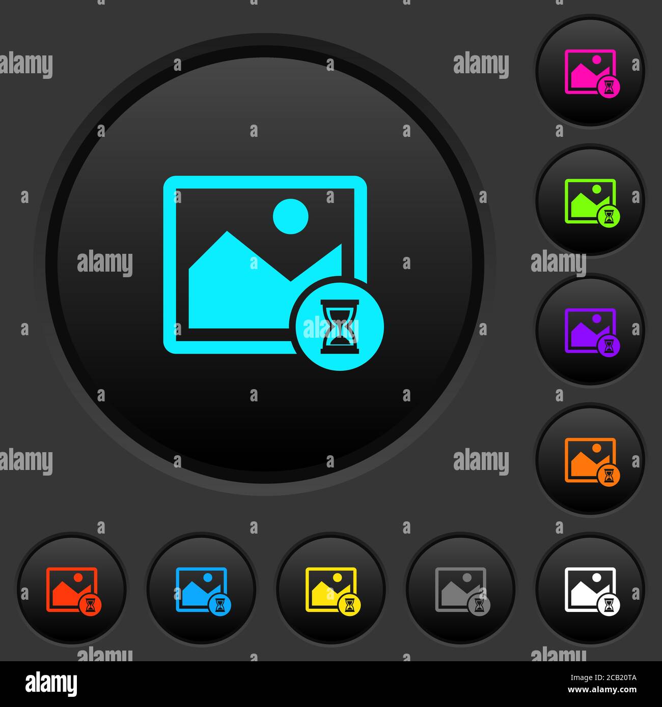 Image processing dark push buttons with vivid color icons on dark grey ...