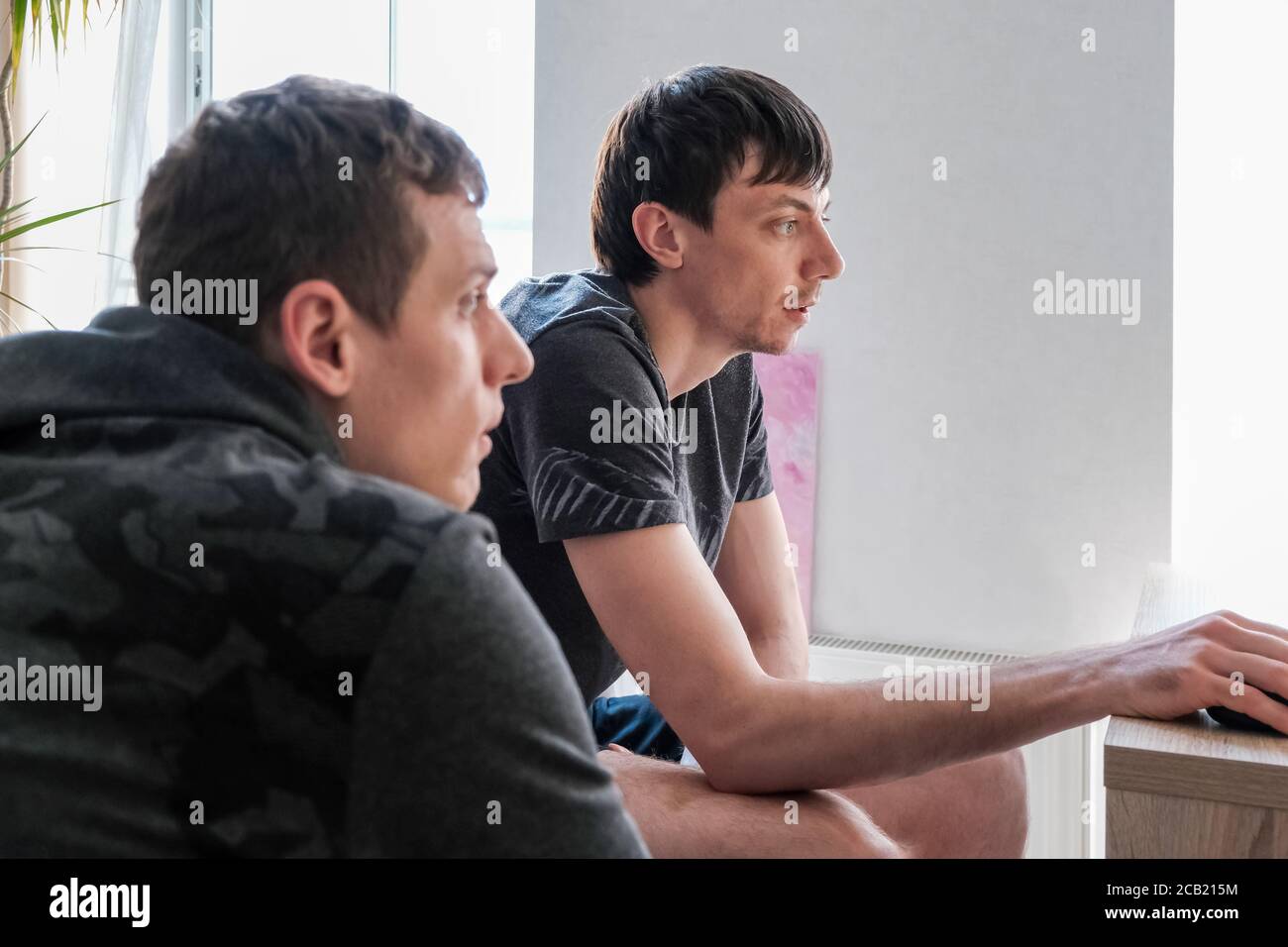 Two young businessmen discuss development strategy while sitting at home. Stock Photo
