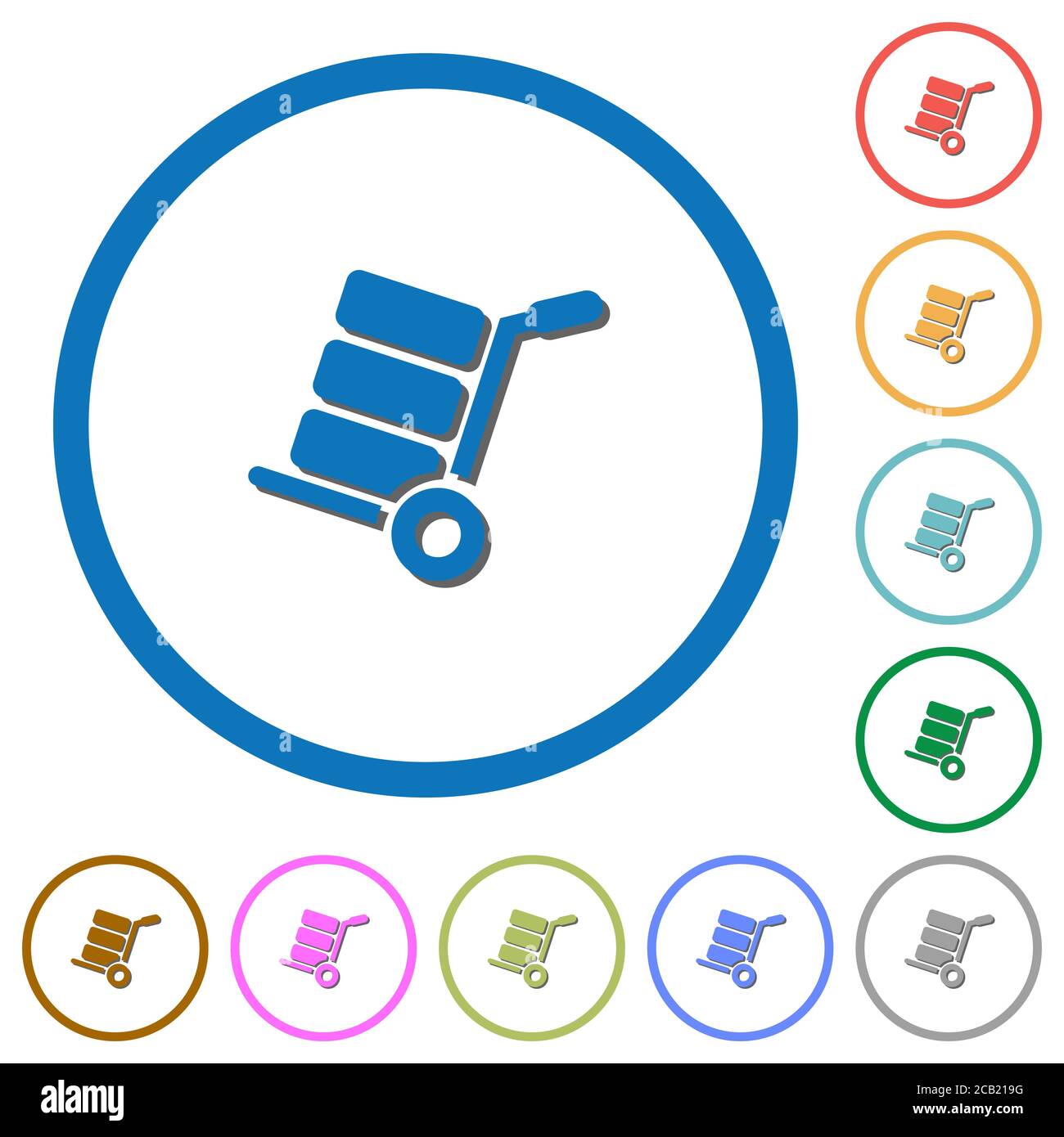 Hand truck with boxes flat color vector icons with shadows in round ...