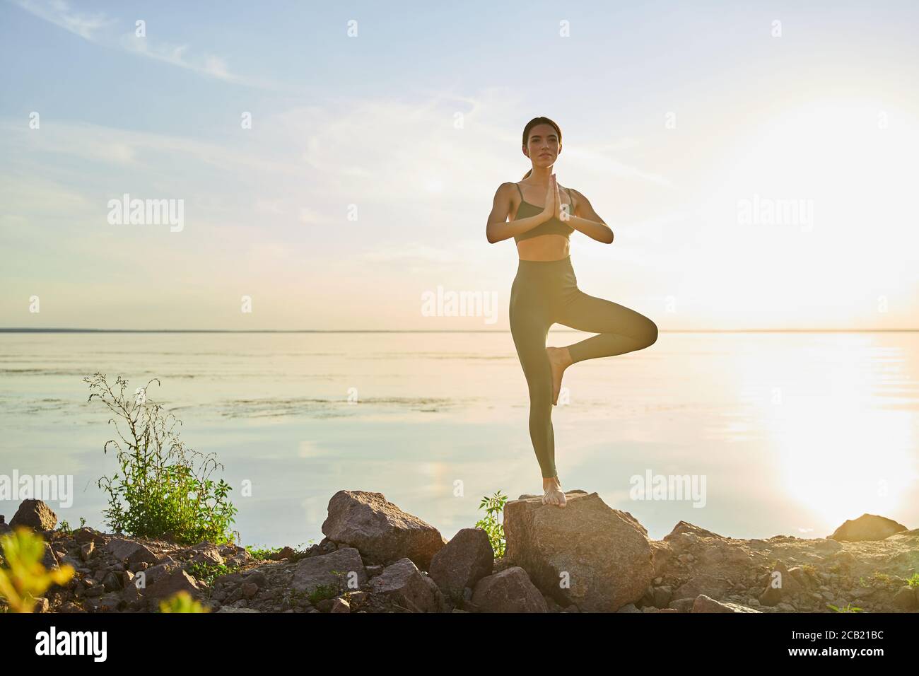 Sporty young woman doing tree pose or Vrksasana on the beach Stock ...