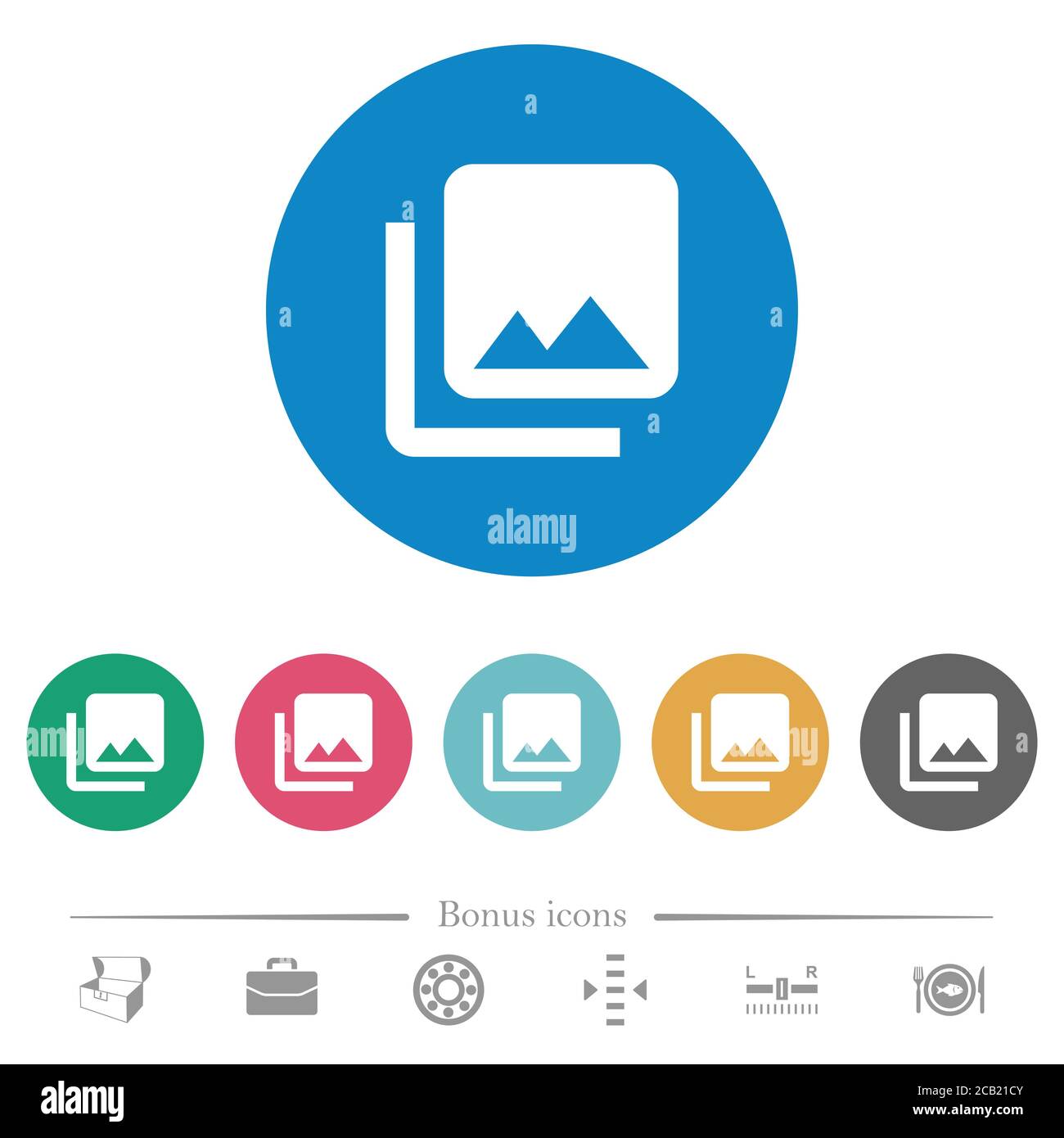 Photo library flat white icons on round color backgrounds. 6 bonus ...