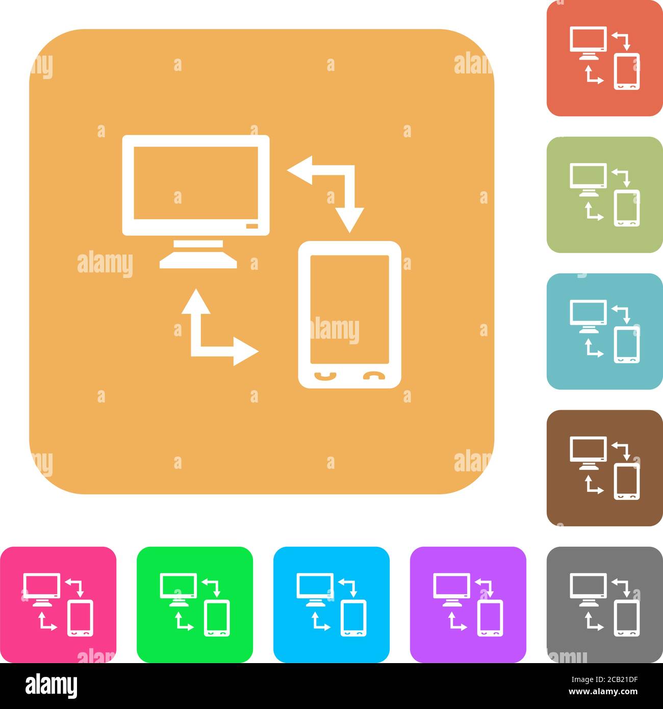 Connecting mobile to desktop flat icons on rounded square vivid color ...