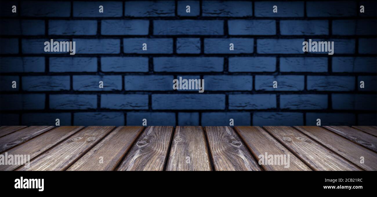 empty wooden table over brick wall background, panoramic image Stock Photo
