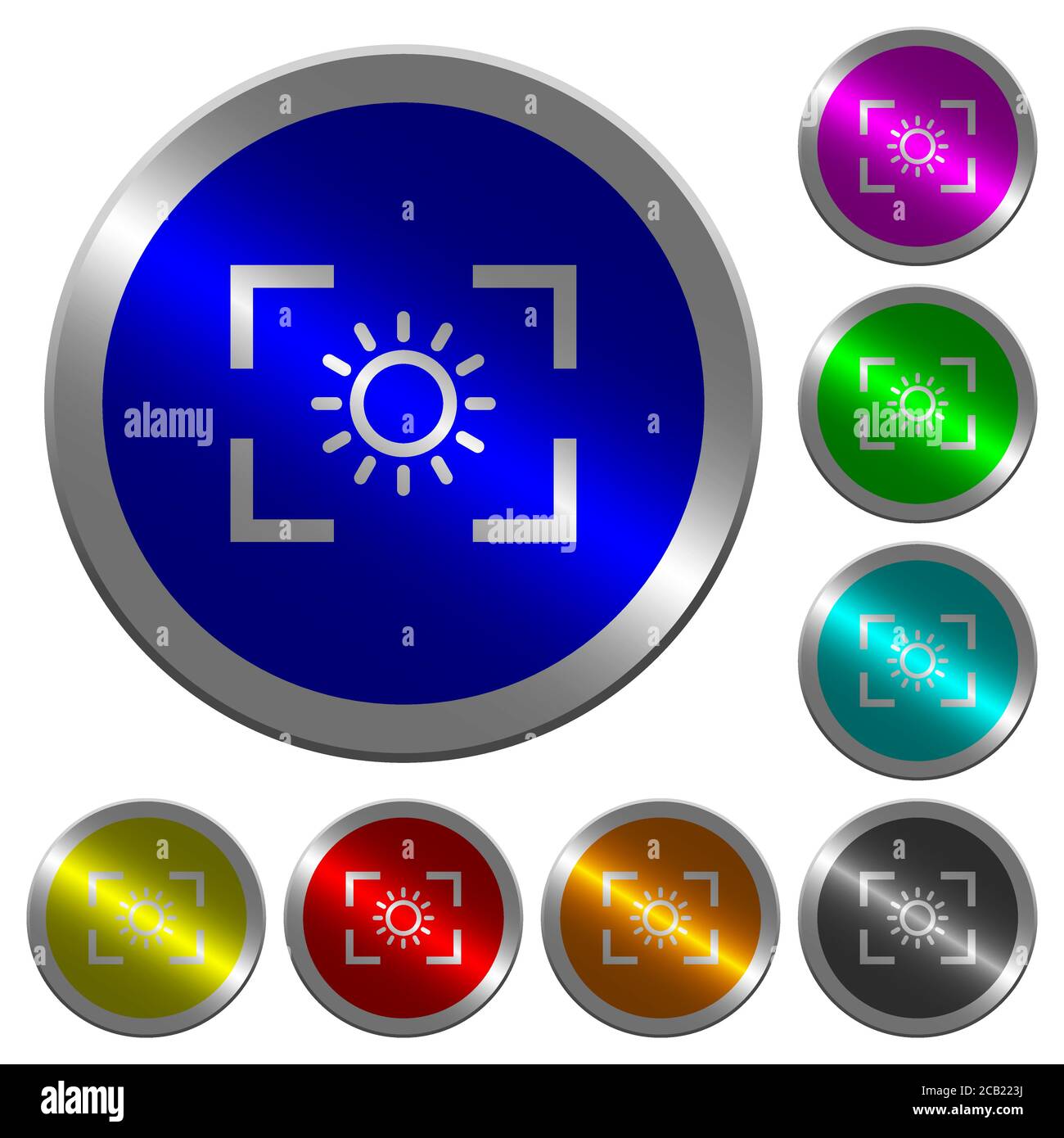 Camera brightness setting icons on round luminous coin-like color steel ...