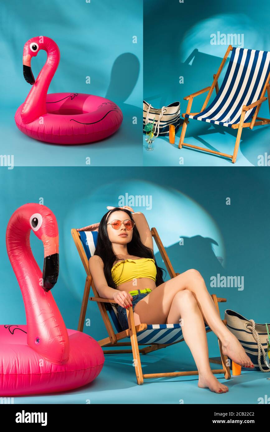 Collage Of Stylish Girl Sitting In Deck Chair Near Inflatable Flamingo Beach Bag On Blue Background Stock Photo Alamy